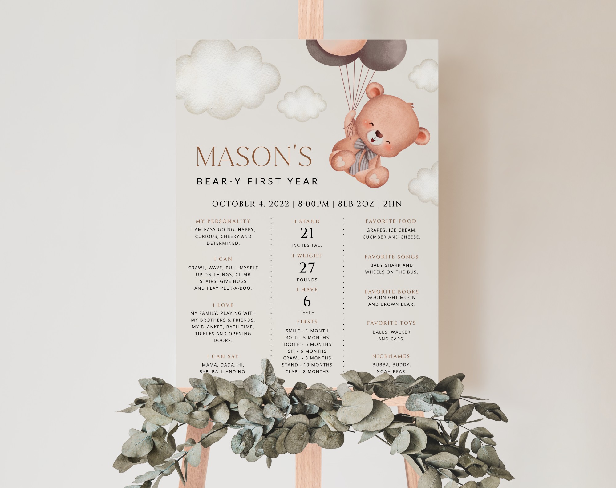 Baby Bear with Brown Balloons Milestone Sign, Birthday Sign, First Birthday, Boy Birthday, Printable File, Edit Yourself, SH78 Baby Bear with Brown Balloons Milestone Sign, Birthday Sign, First Birthday, Boy Birthday, Printable File, Edit Yourself, SH78