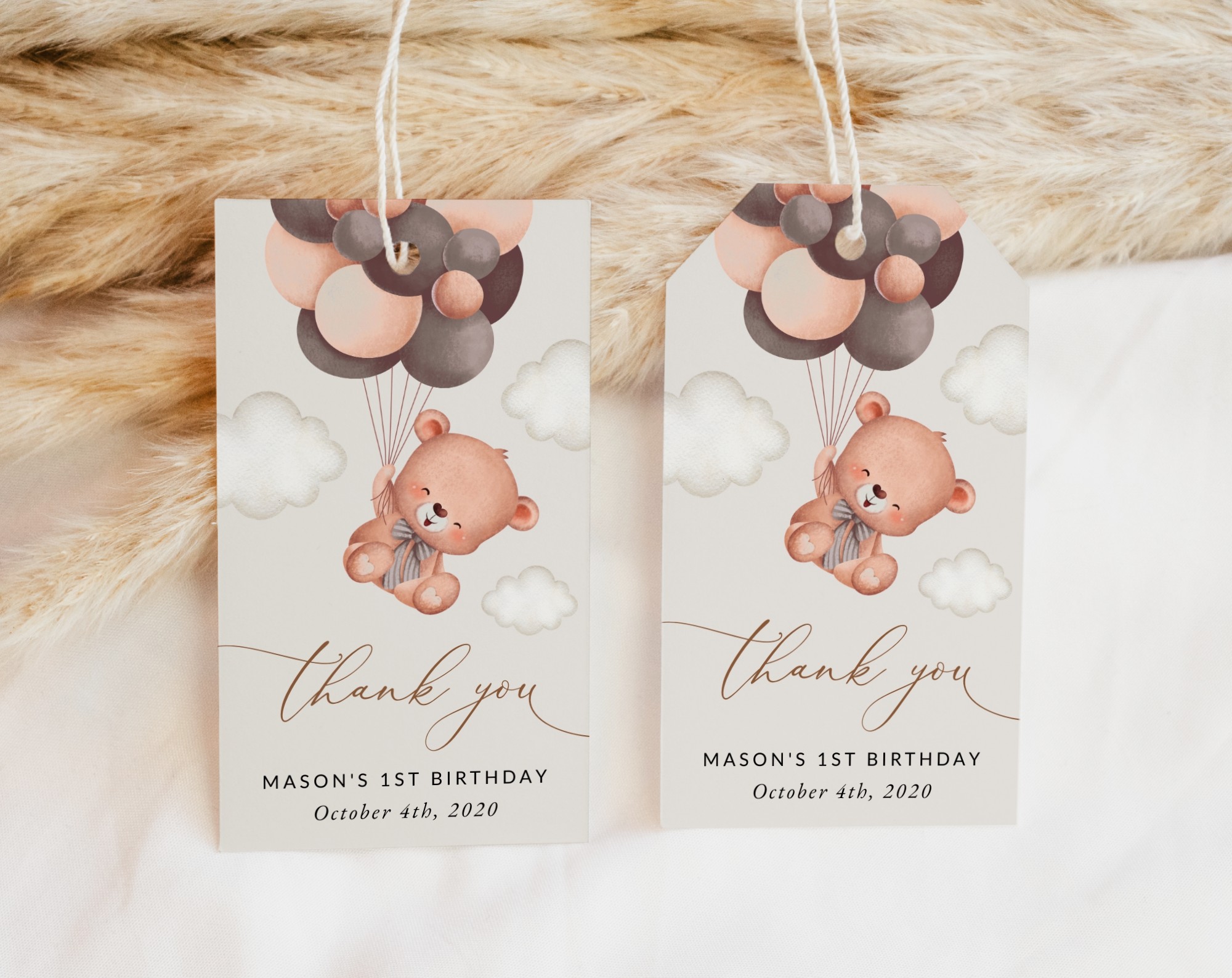 Baby Bear with Brown Balloons Favor Tags, Gift Tags, First Birthday, Boy Birthday, Printable File, Edit Yourself, SH78