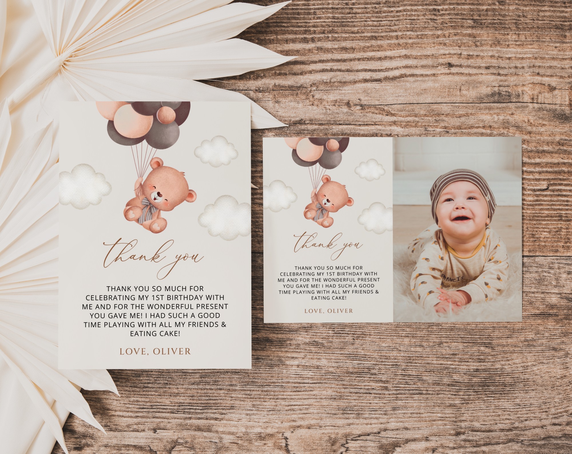 Baby Bear with Brown Balloons Thank You Card, First Birthday, Boy Birthday, Printable File, Edit Yourself, SH78 Baby Bear with Brown Balloons Thank You Card, First Birthday, Boy Birthday, Printable File, Edit Yourself, SH78