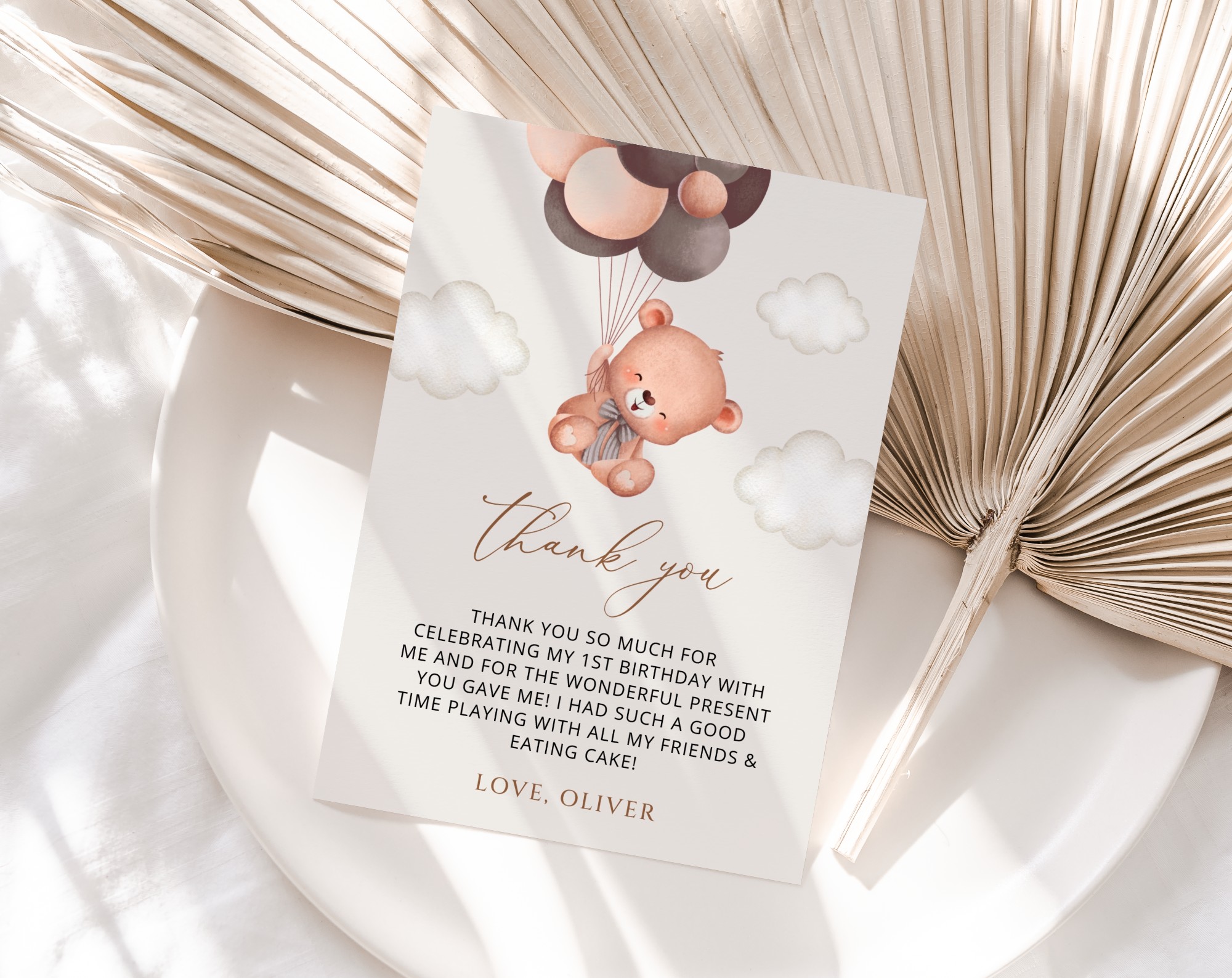 Baby Bear with Brown Balloons Thank You Card, First Birthday, Boy Birthday, Printable File, Edit Yourself, SH78