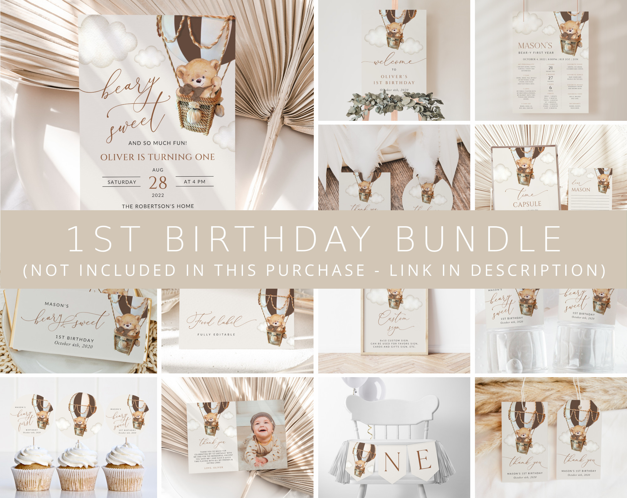 Bear in Brown Balloon First Birthday Bundle, Boy Birthday, Printable File, Edit Yourself, SH79 Bear in Brown Balloon First Birthday Bundle, Boy Birthday, Printable File, Edit Yourself, SH79