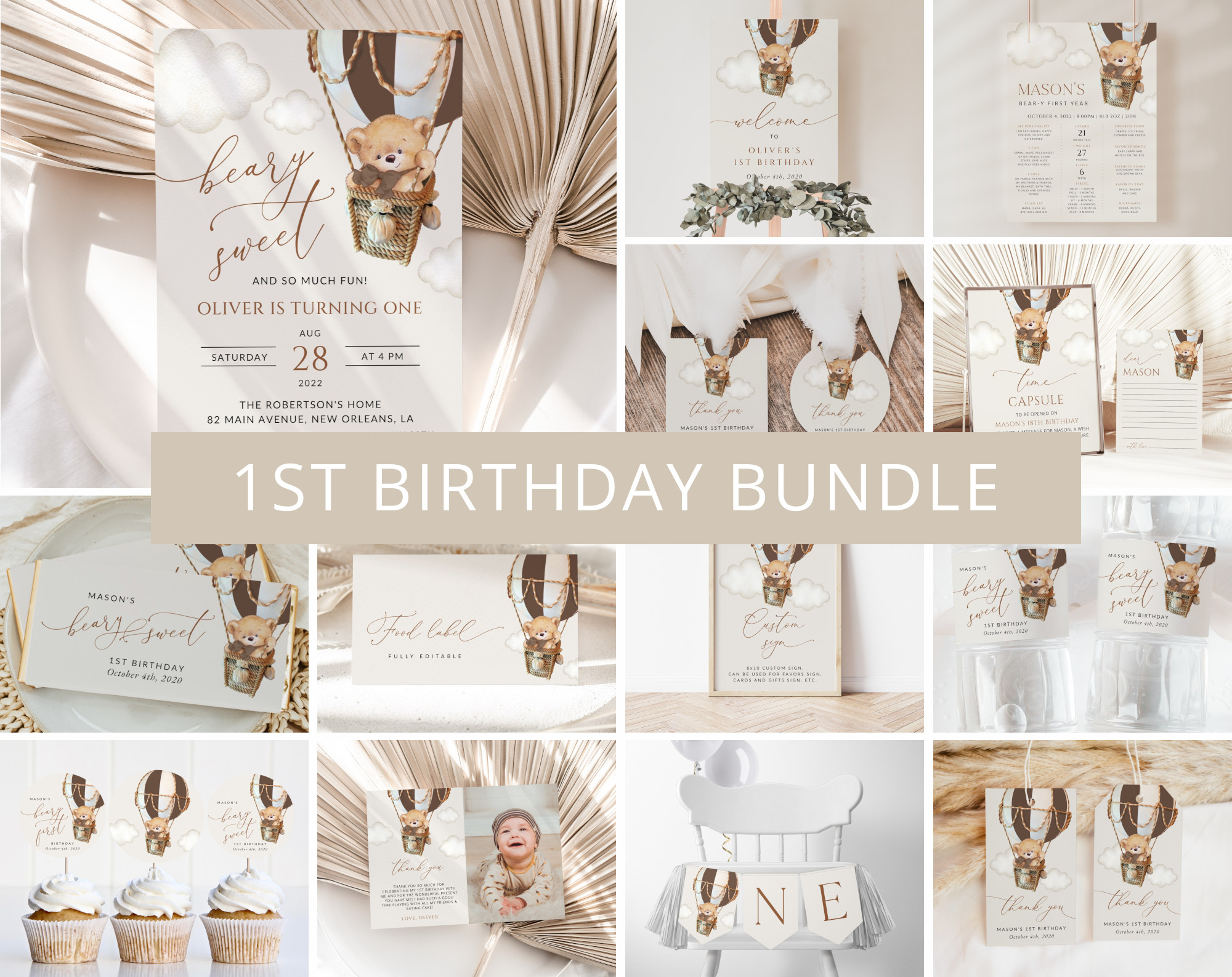 Bear in Brown Balloon First Birthday Bundle, Boy Birthday, Printable File, Edit Yourself, SH79