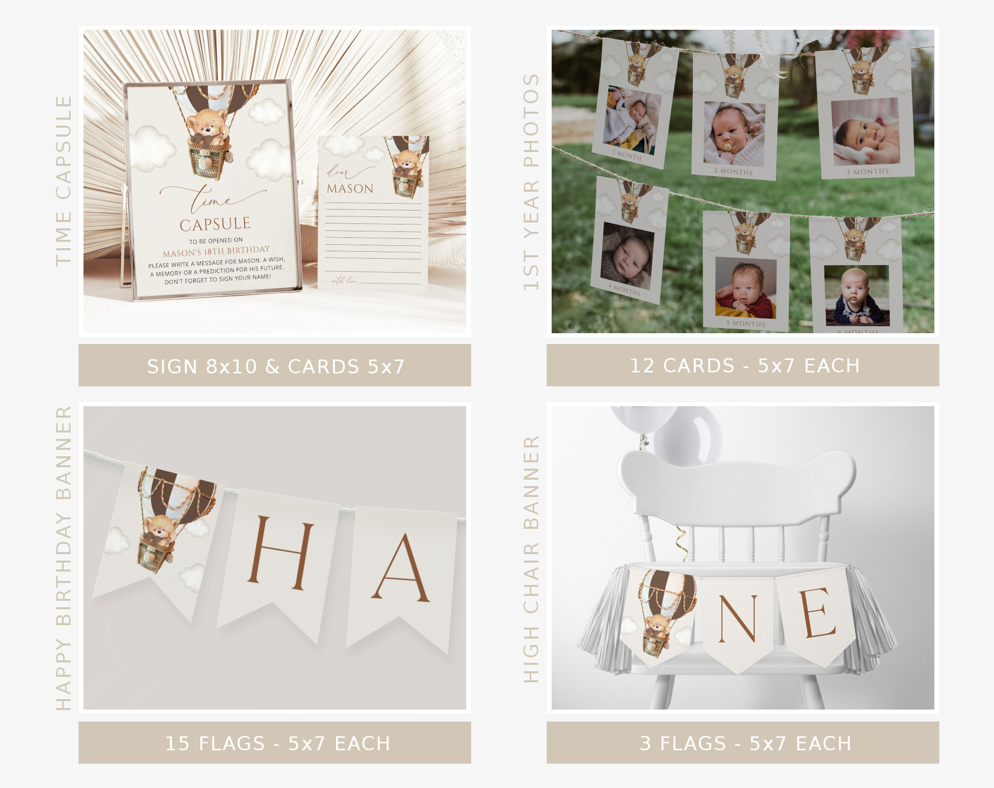 Bear in Brown Balloon First Birthday Bundle, Boy Birthday, Printable File, Edit Yourself, SH79 Bear in Brown Balloon First Birthday Bundle, Boy Birthday, Printable File, Edit Yourself, SH79