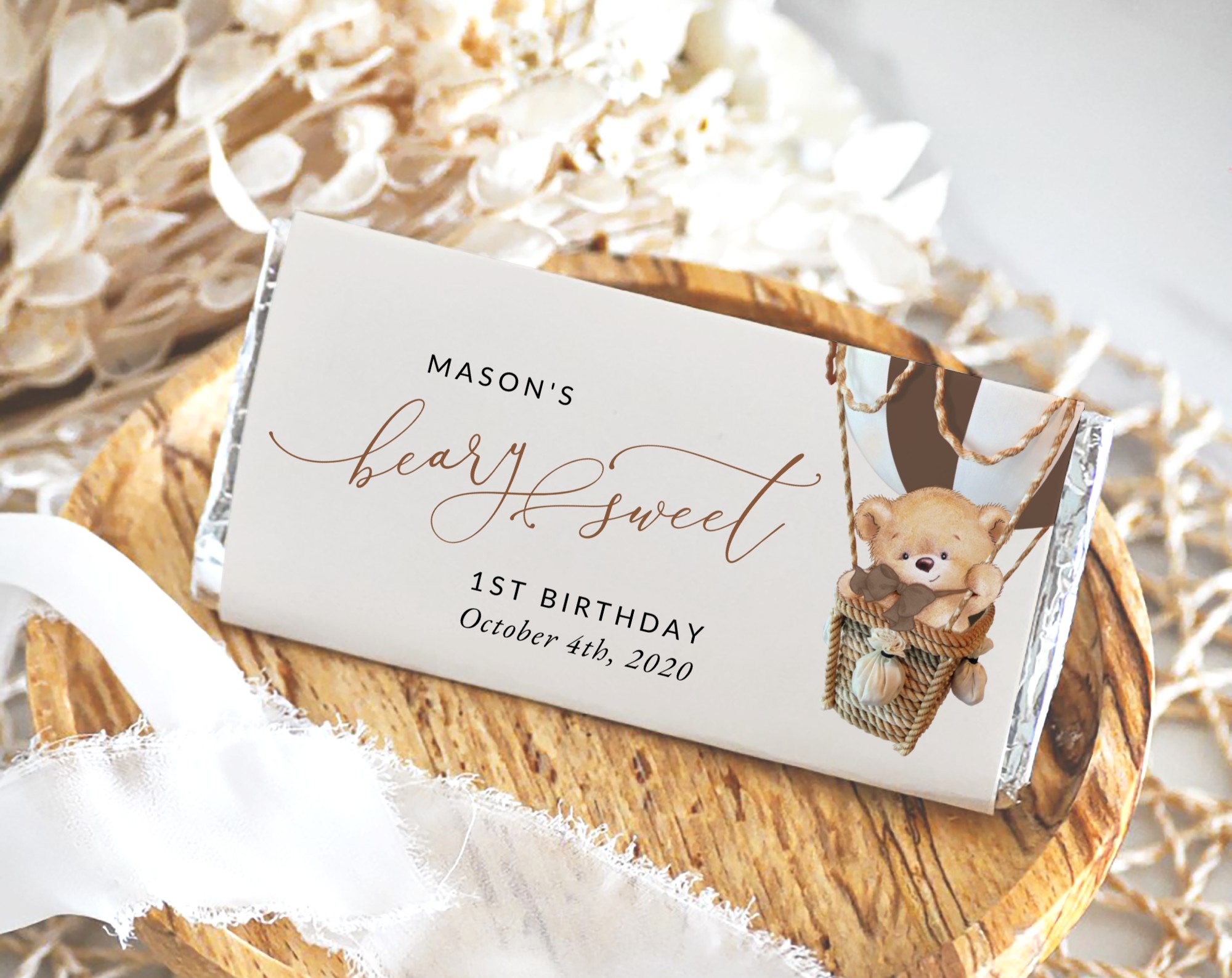 Bear in Brown Balloon Chocolate Bar Wrapper, First Birthday, Boy Birthday, Printable File, Edit Yourself, SH79