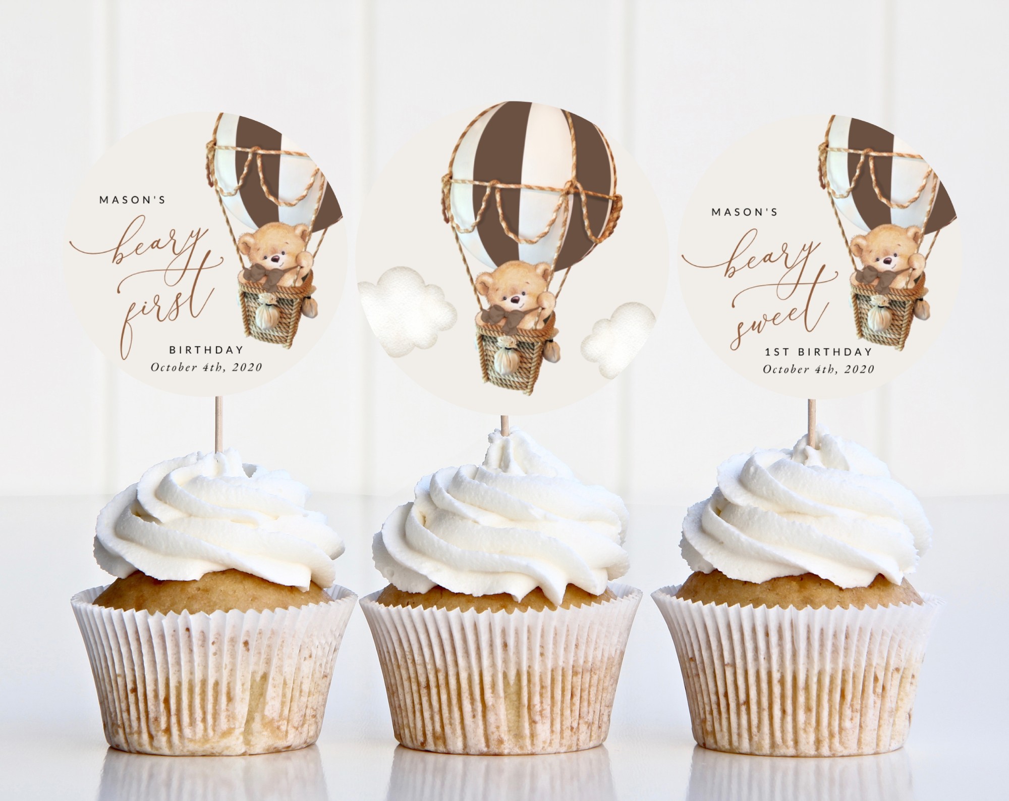 Bear in Brown Balloon Cupcake Toppers, First Birthday, Boy Birthday, Printable File, Edit Yourself, SH79 Bear in Brown Balloon Cupcake Toppers, First Birthday, Boy Birthday, Printable File, Edit Yourself, SH79