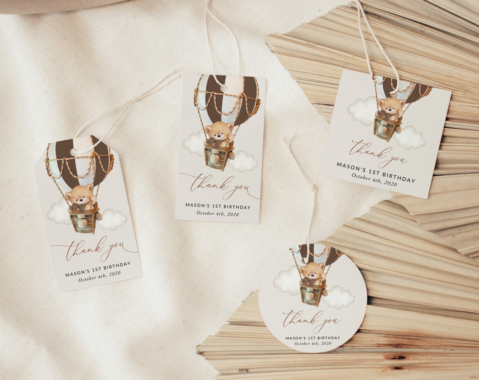 Bear in Brown Balloon Favor Tags, Gift Tags, First Birthday, Boy Birthday, Printable File, Edit Yourself, SH79