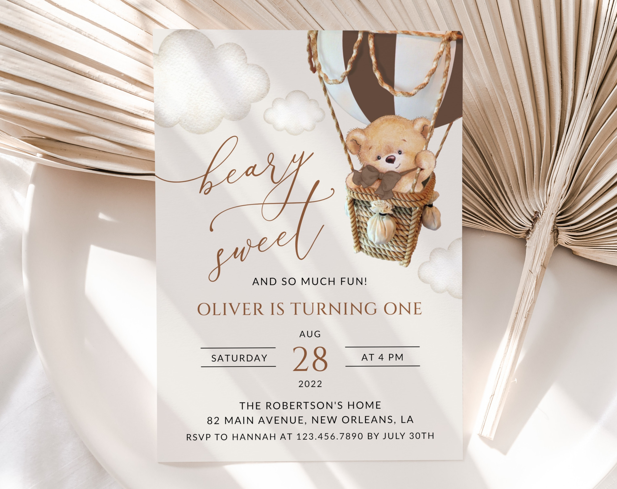 Bear in Brown Balloon First Birthday Invitation, Birthday Stationery, Boy Birthday, Printable File, Edit Yourself, SH79