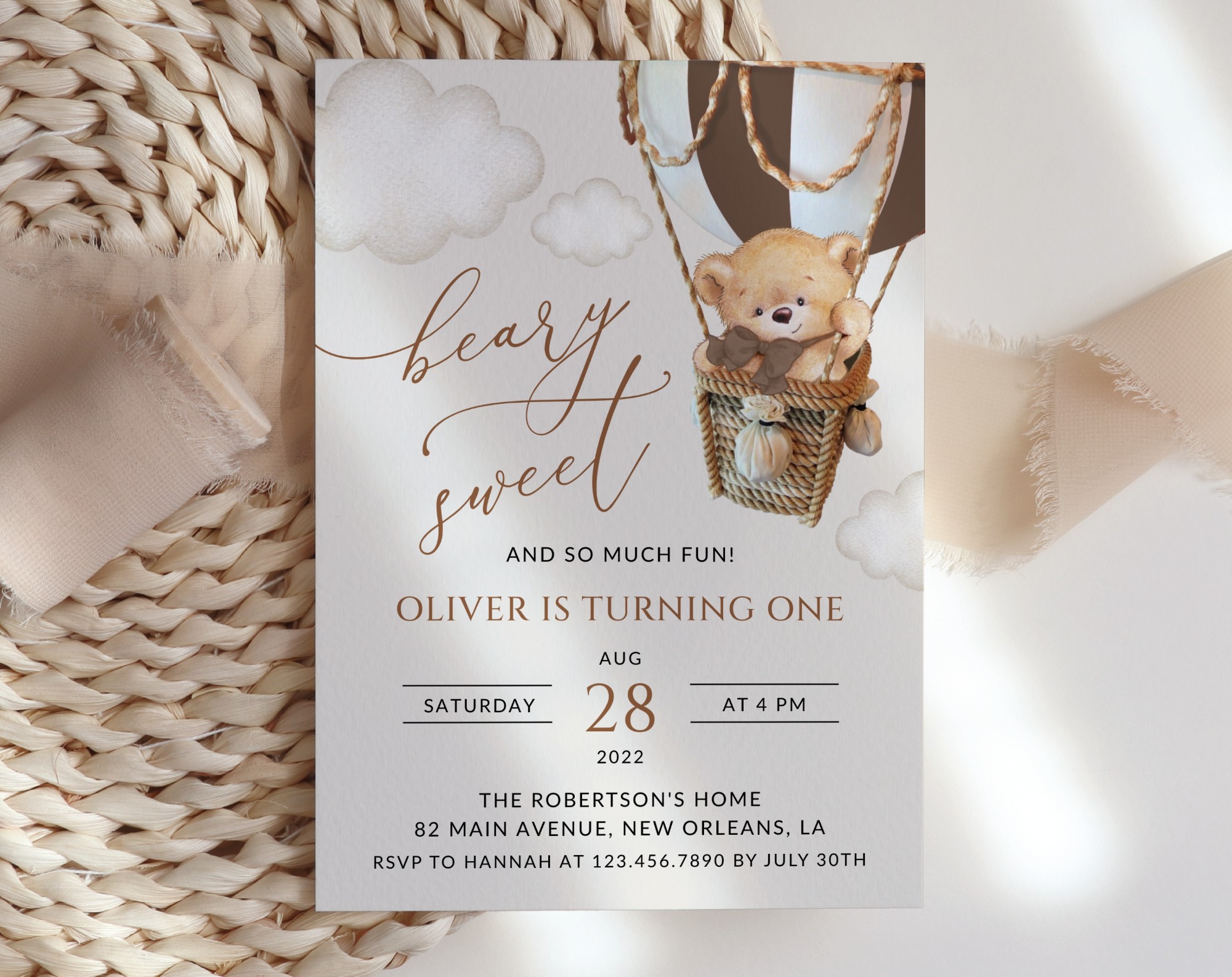 Bear in Brown Balloon First Birthday Invitation, Birthday Stationery, Boy Birthday, Printable File, Edit Yourself, SH79