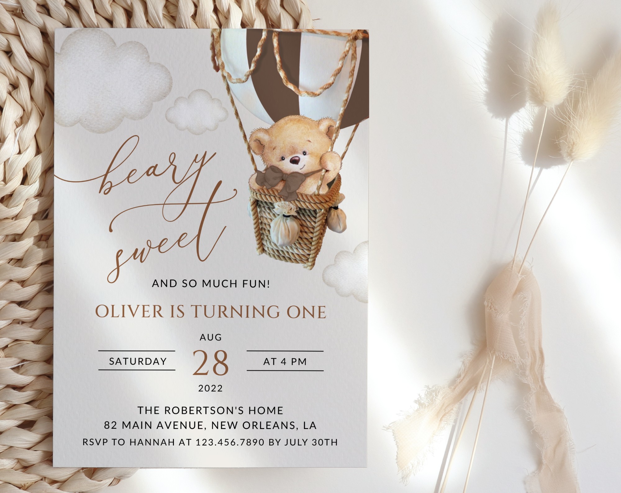 Bear in Brown Balloon First Birthday Invitation, Birthday Stationery, Boy Birthday, Printable File, Edit Yourself, SH79 Bear in Brown Balloon First Birthday Invitation, Birthday Stationery, Boy Birthday, Printable File, Edit Yourself, SH79