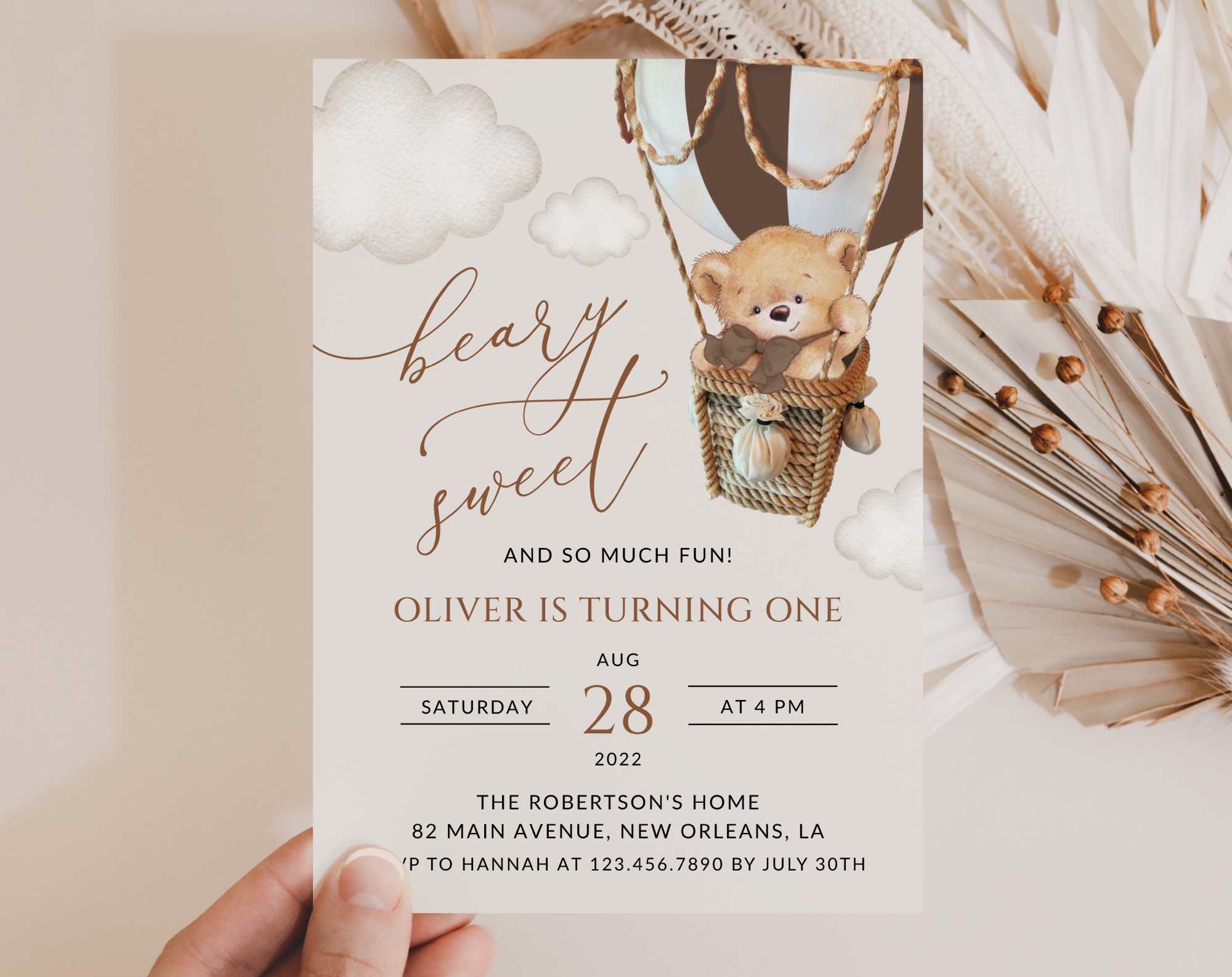 Bear in Brown Balloon First Birthday Invitation, Birthday Stationery, Boy Birthday, Printable File, Edit Yourself, SH79