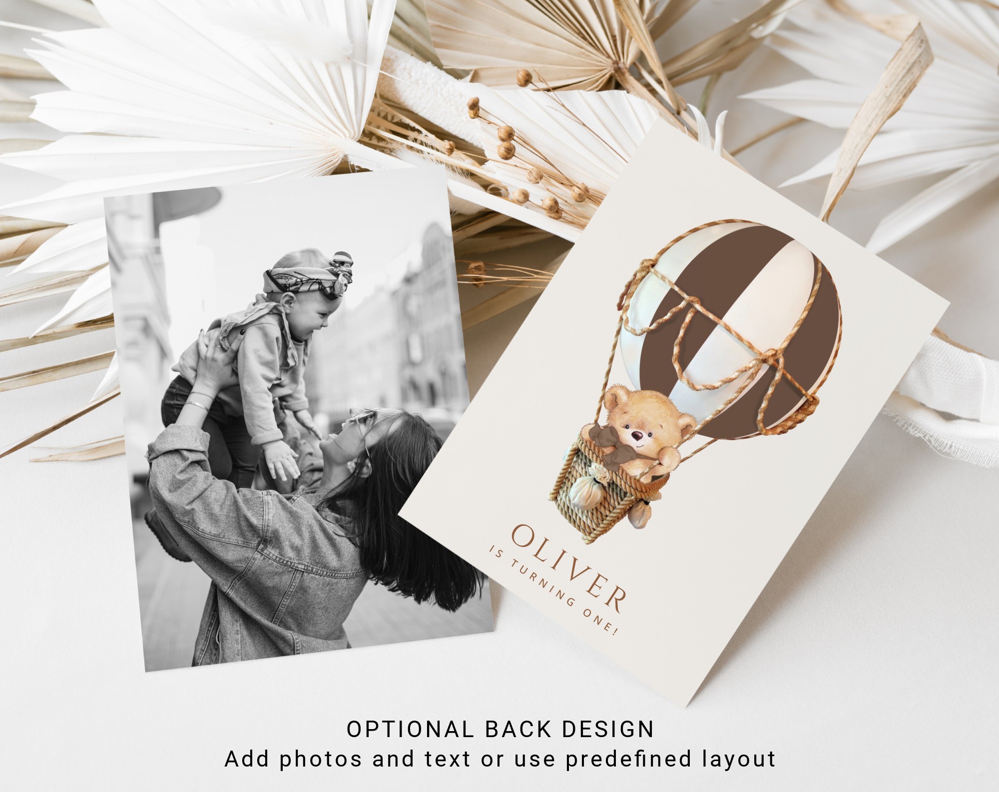 Bear in Brown Balloon First Birthday Invitation, Birthday Stationery, Boy Birthday, Printable File, Edit Yourself, SH79