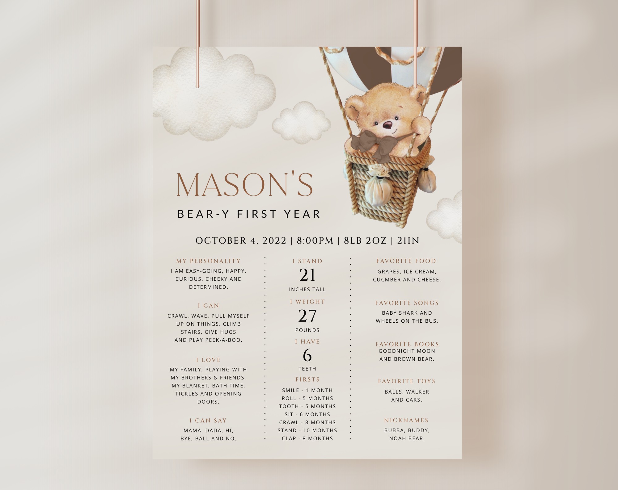 Bear in Brown Balloon Milestone Sign, Birthday Sign, First Birthday, Boy Birthday, Printable File, Edit Yourself, SH79