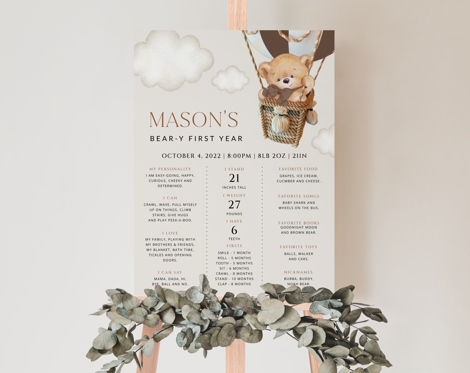 Bear in Brown Balloon Milestone Sign, Birthday Sign, First Birthday, Boy Birthday, Printable File, Edit Yourself, SH79