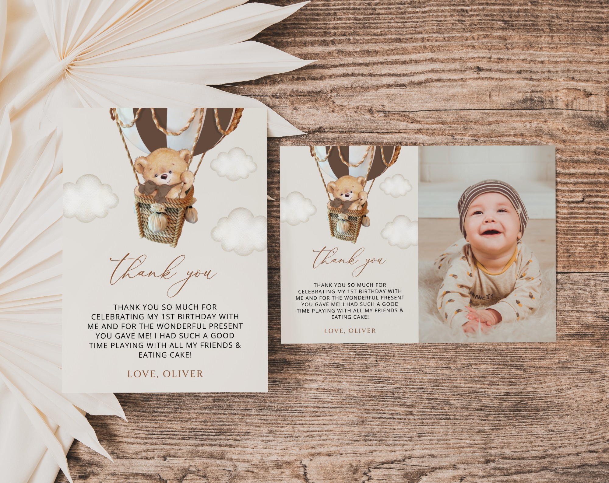 Bear in Brown Balloon Thank You Card, First Birthday, Boy Birthday, Printable File, Edit Yourself, SH79