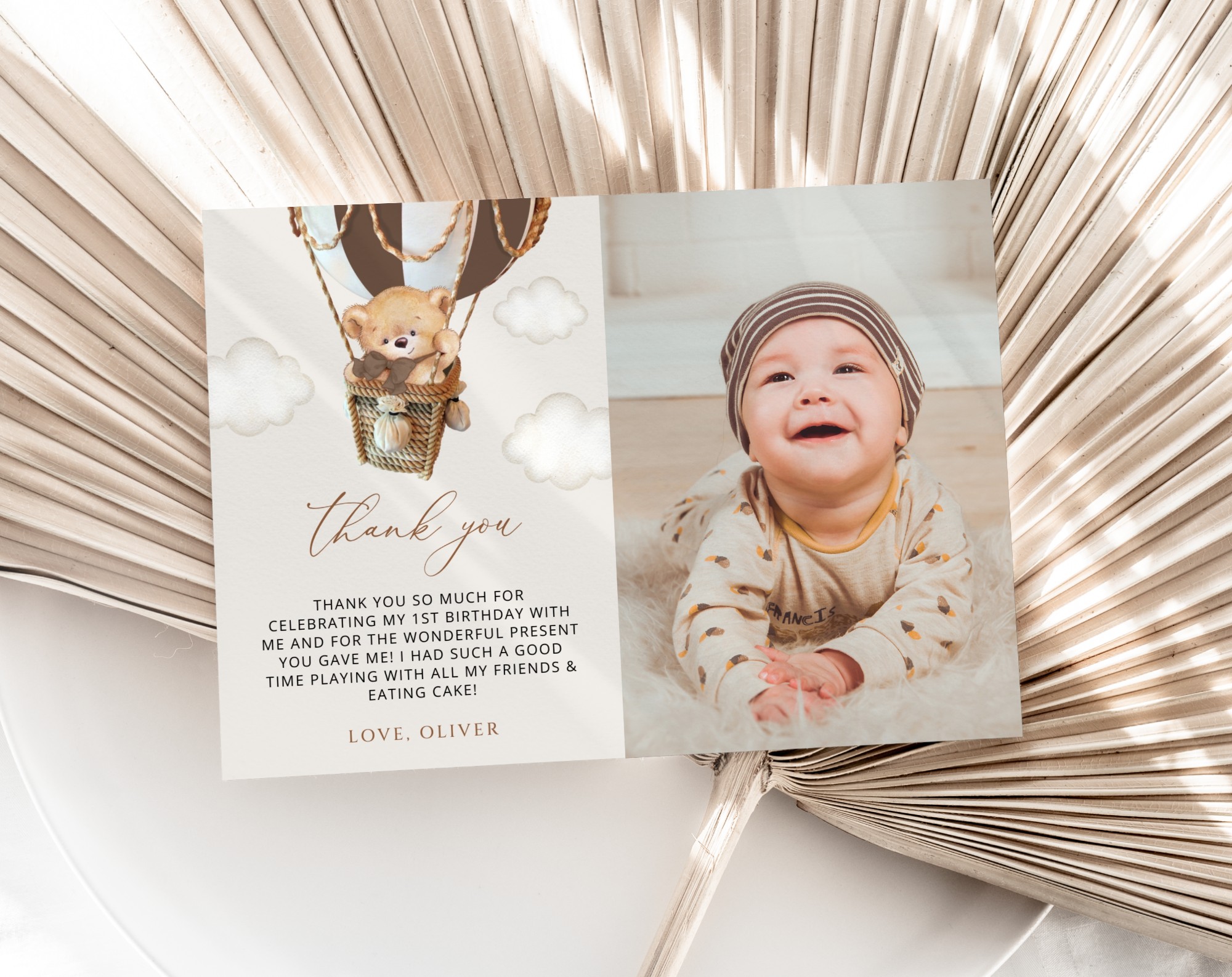 Bear in Brown Balloon Thank You Card, First Birthday, Boy Birthday, Printable File, Edit Yourself, SH79