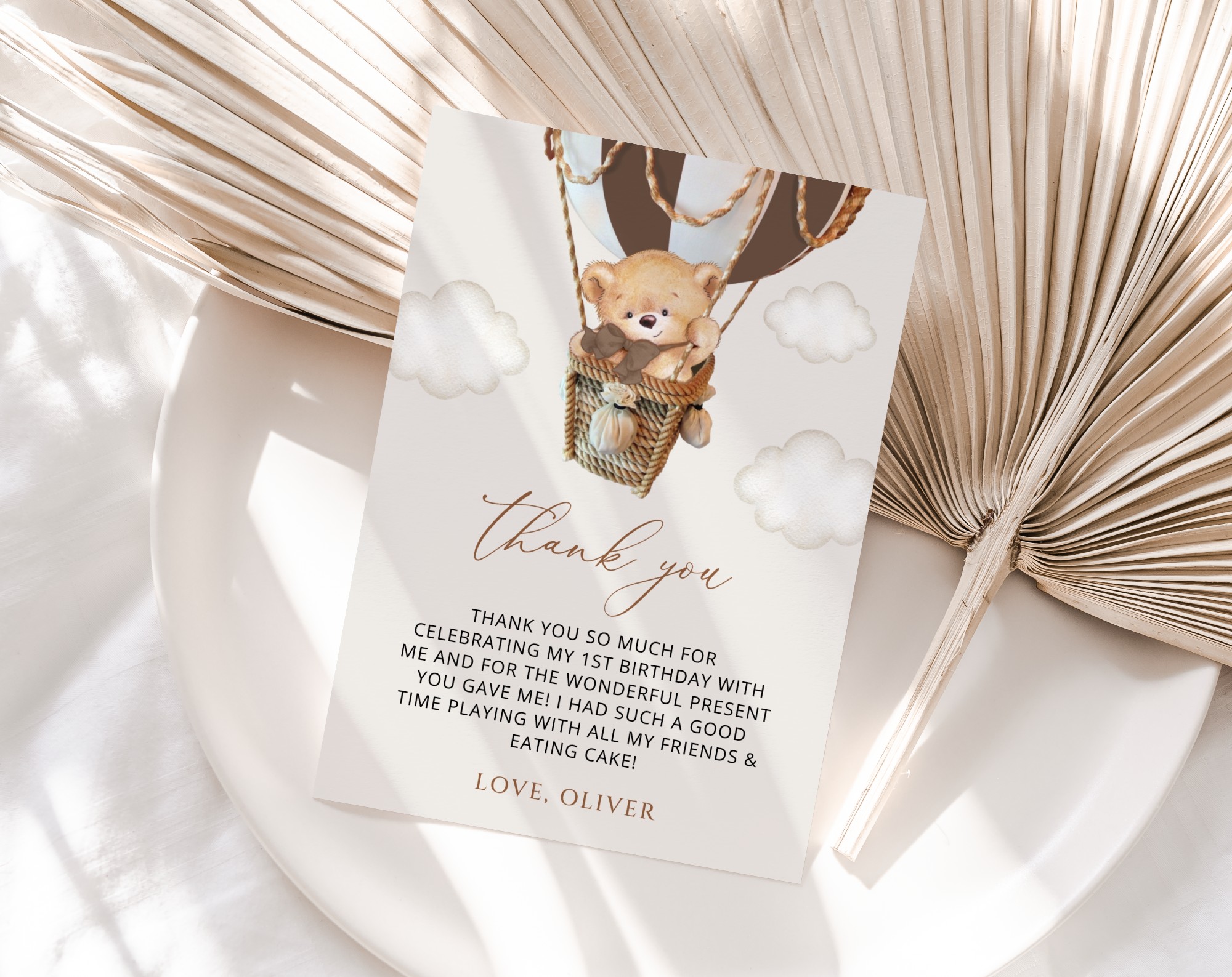 Bear in Brown Balloon Thank You Card, First Birthday, Boy Birthday, Printable File, Edit Yourself, SH79