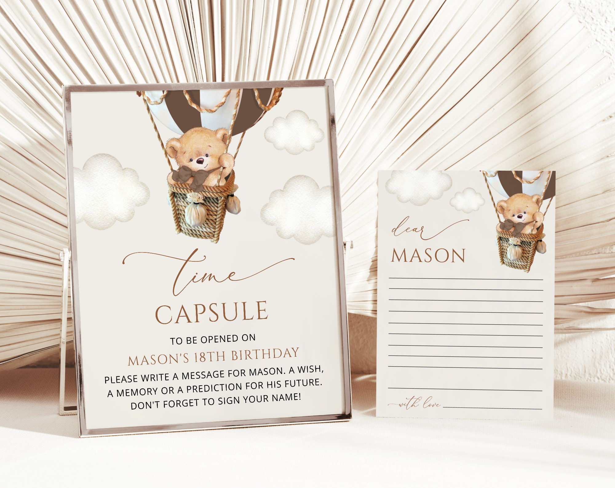 Bear in Brown Balloon Time Capsule, First Birthday, Boy Birthday, Printable File, Edit Yourself, SH79