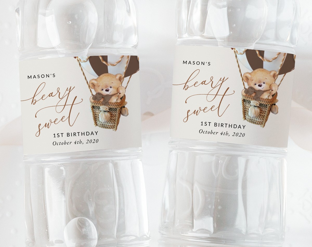 Bear in Brown Balloon Water Bottle Labels, First Birthday, Boy Birthday, Printable File, Edit Yourself, SH79 Bear in Brown Balloon Water Bottle Labels, First Birthday, Boy Birthday, Printable File, Edit Yourself, SH79
