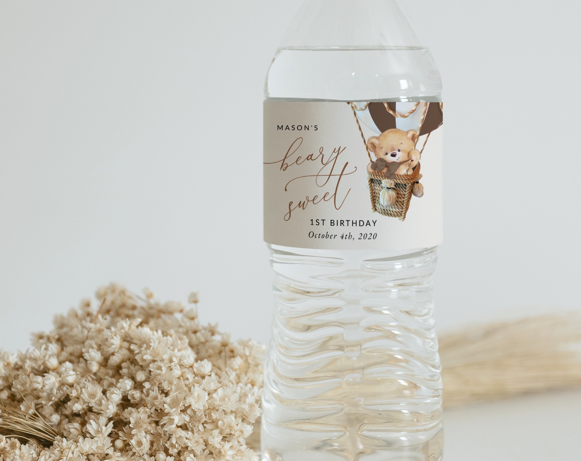 Bear in Brown Balloon Water Bottle Labels, First Birthday, Boy Birthday, Printable File, Edit Yourself, SH79 Bear in Brown Balloon Water Bottle Labels, First Birthday, Boy Birthday, Printable File, Edit Yourself, SH79