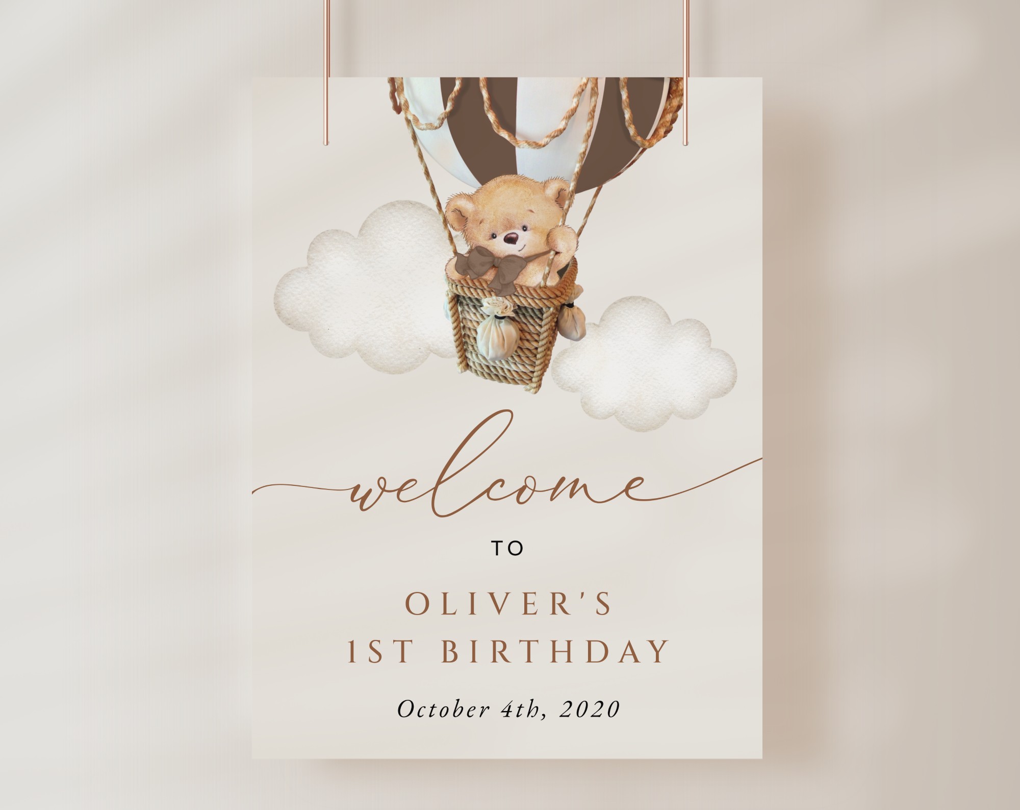 Bear in Brown Balloon Welcome Sign, Birthday Sign, First Birthday, Boy Birthday, Printable File, Edit Yourself, SH79