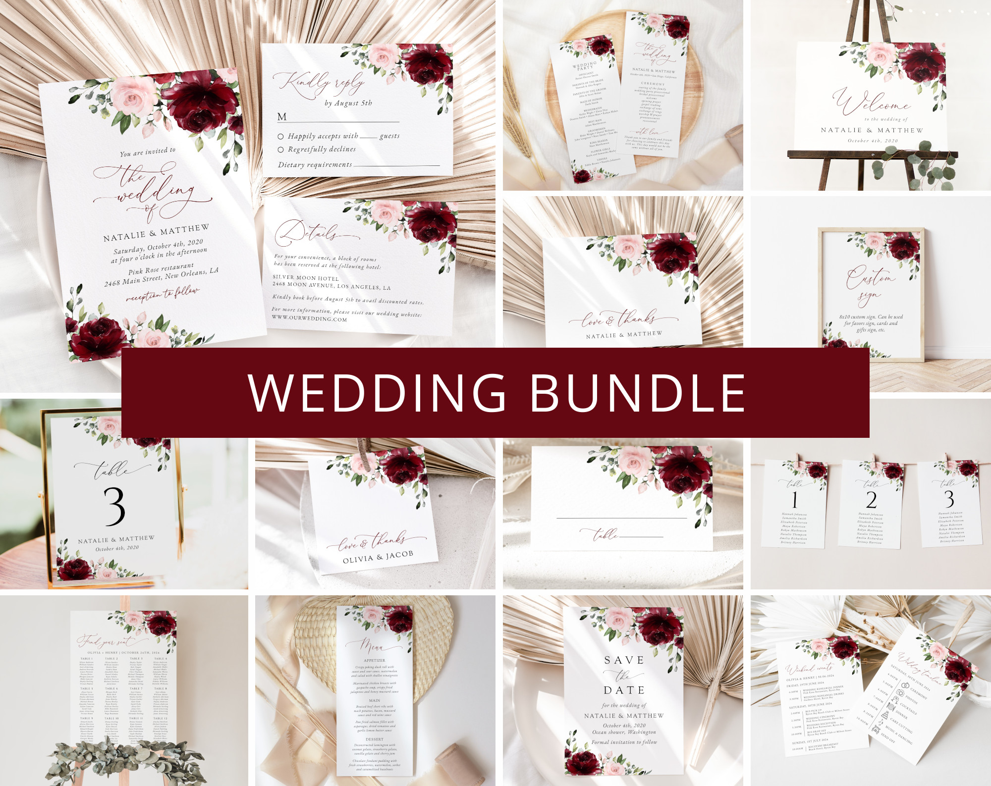 Burgundy and Blush Flowers Wedding Bundle, Printable File, Edit Yourself, SH01 Burgundy and Blush Flowers Wedding Bundle, Printable File, Edit Yourself, SH01