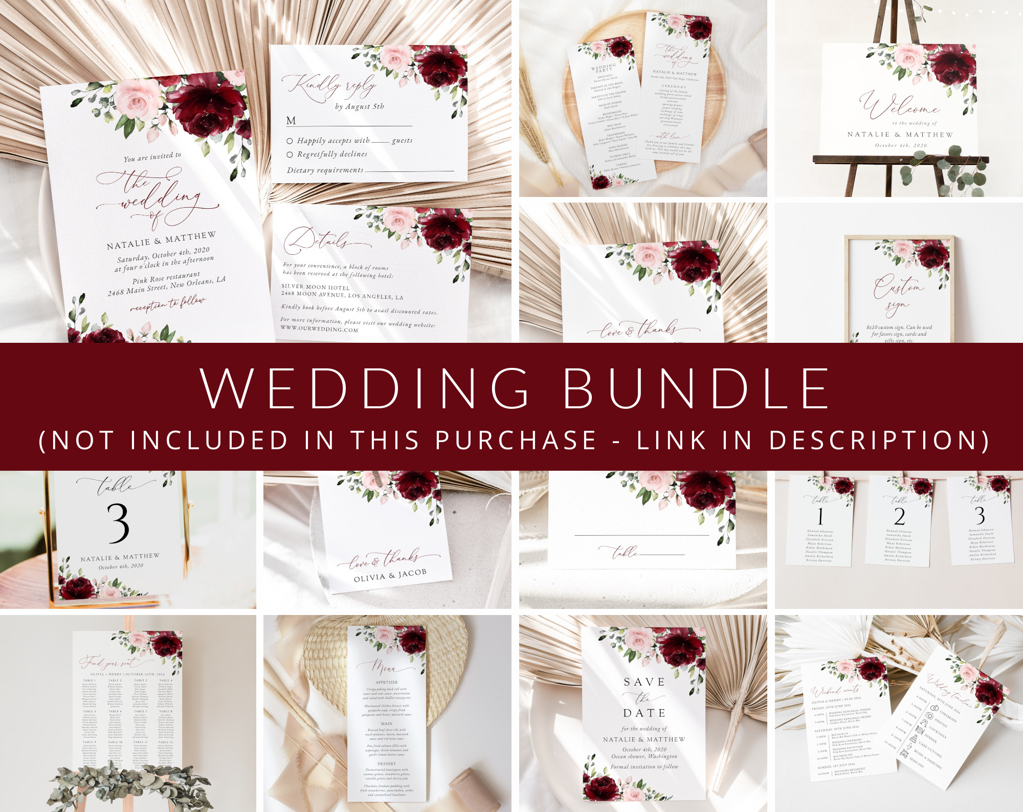 Burgundy and Blush Flowers Wedding Bundle, Printable File, Edit Yourself, SH01 Burgundy and Blush Flowers Wedding Bundle, Printable File, Edit Yourself, SH01