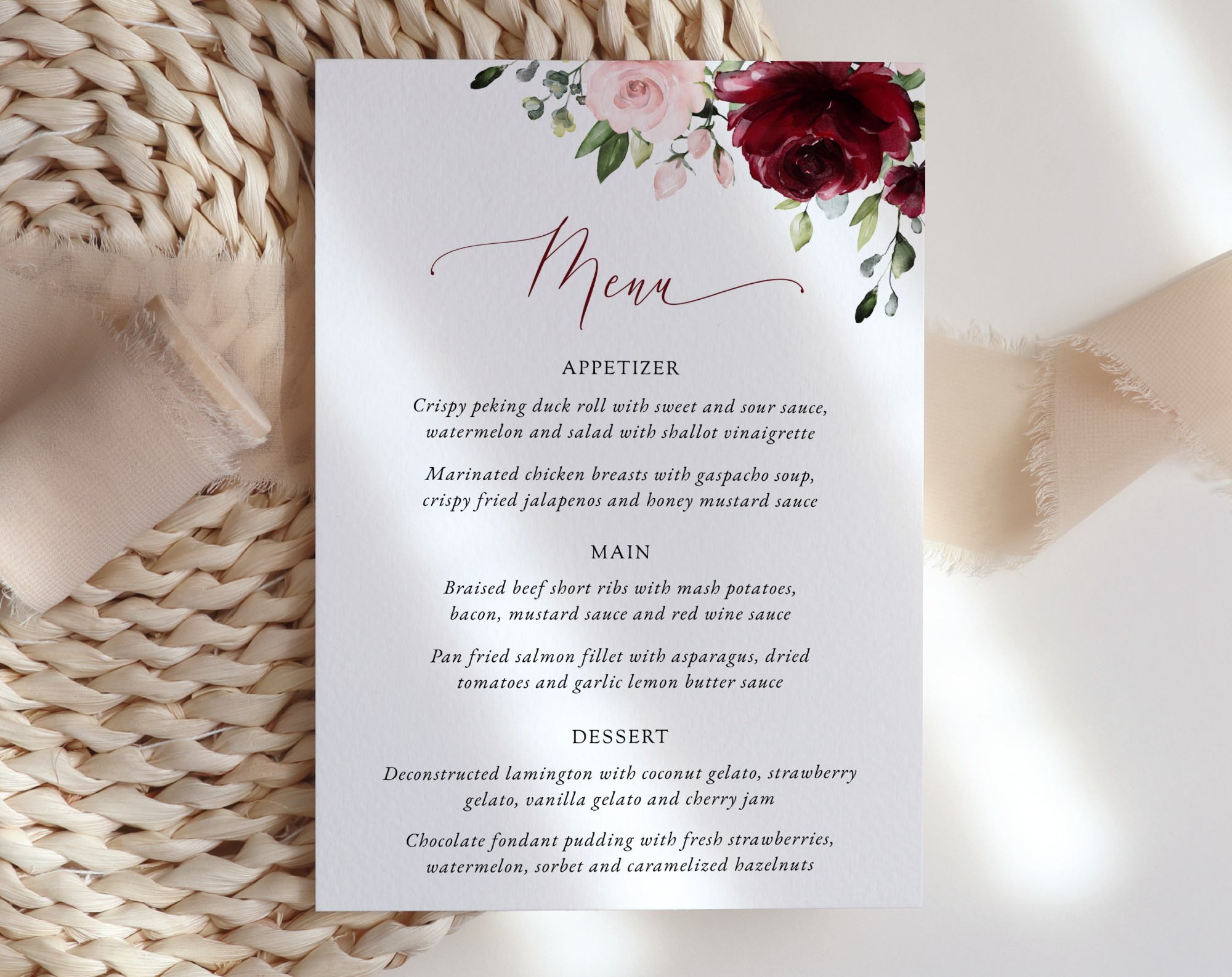 Burgundy and Blush Flowers Wedding Menu, Wedding Stationery, Printable File, Edit Yourself, SH01