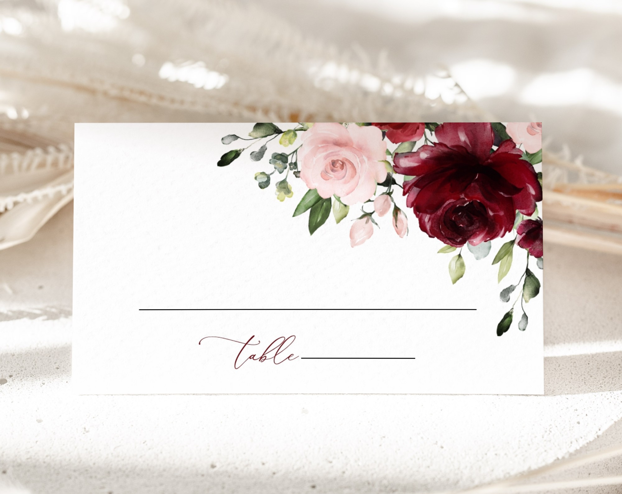 Burgundy and Blush Flowers Place Card, Wedding Stationery, Printable File, Edit Yourself, SH01 Burgundy and Blush Flowers Place Card, Wedding Stationery, Printable File, Edit Yourself, SH01