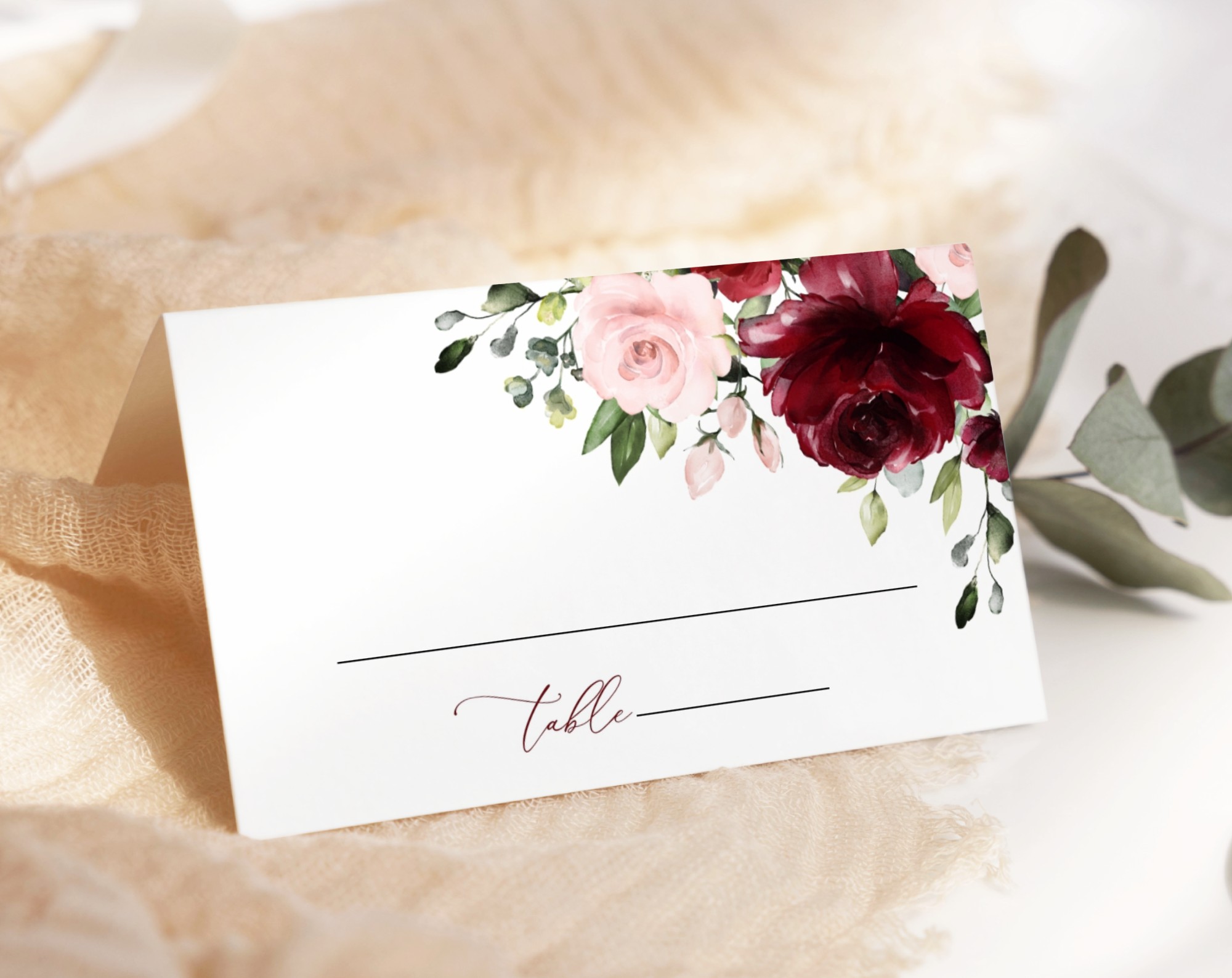 Burgundy and Blush Flowers Place Card, Wedding Stationery, Printable File, Edit Yourself, SH01 Burgundy and Blush Flowers Place Card, Wedding Stationery, Printable File, Edit Yourself, SH01