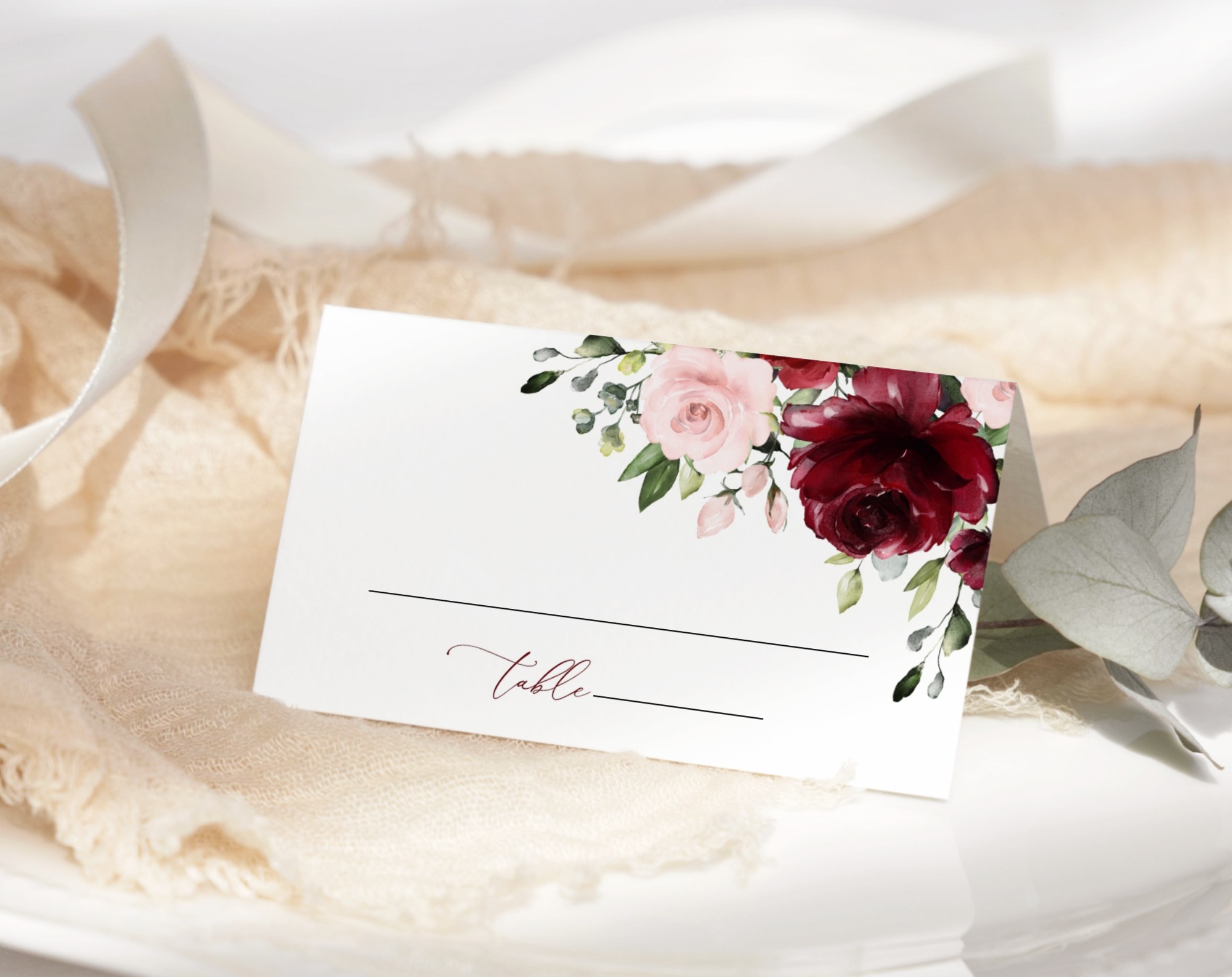 Burgundy and Blush Flowers Place Card, Wedding Stationery, Printable File, Edit Yourself, SH01 Burgundy and Blush Flowers Place Card, Wedding Stationery, Printable File, Edit Yourself, SH01