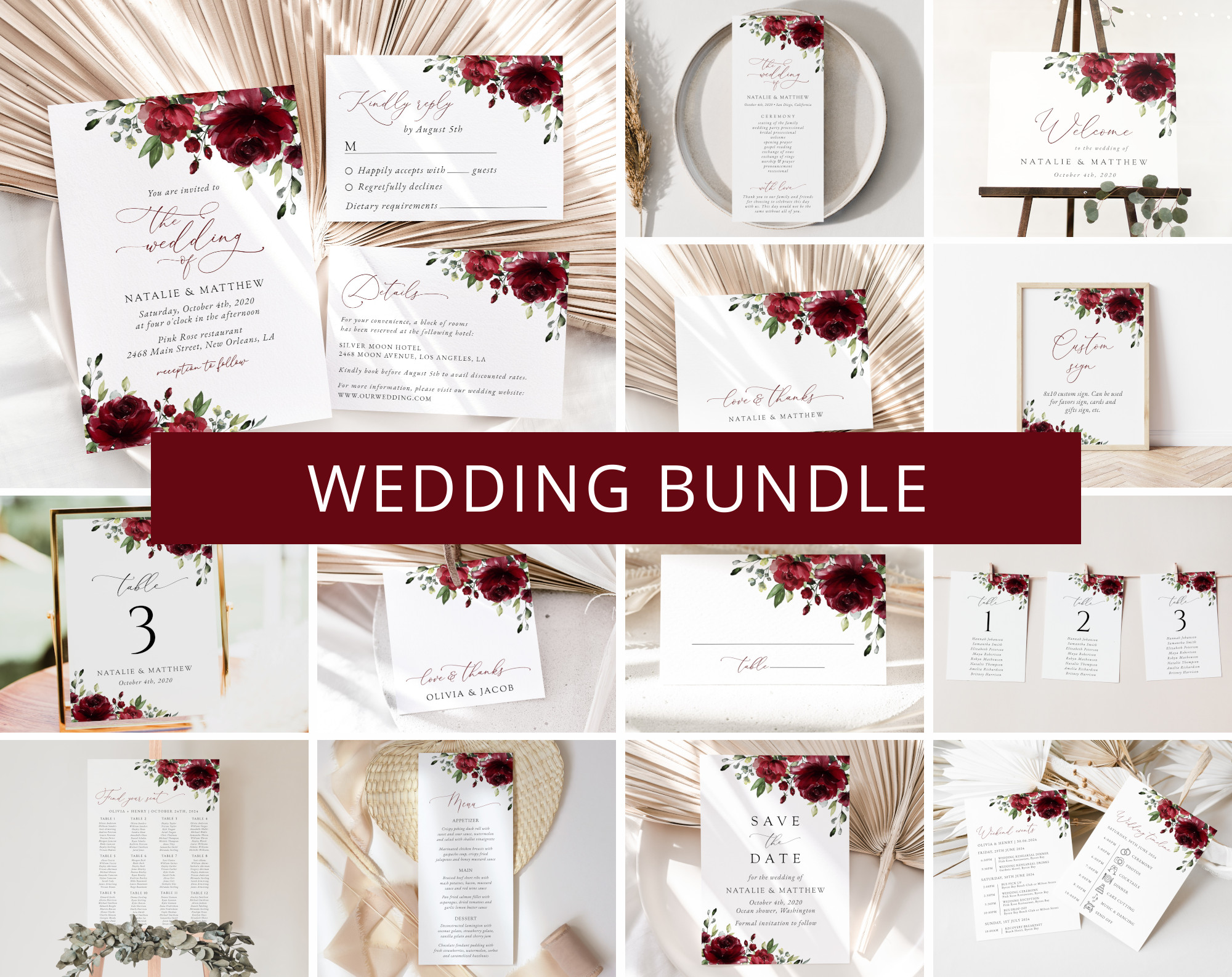 Burgundy Flowers Wedding Bundle, Printable File, Edit Yourself, SH02 Burgundy Flowers Wedding Bundle, Printable File, Edit Yourself, SH02