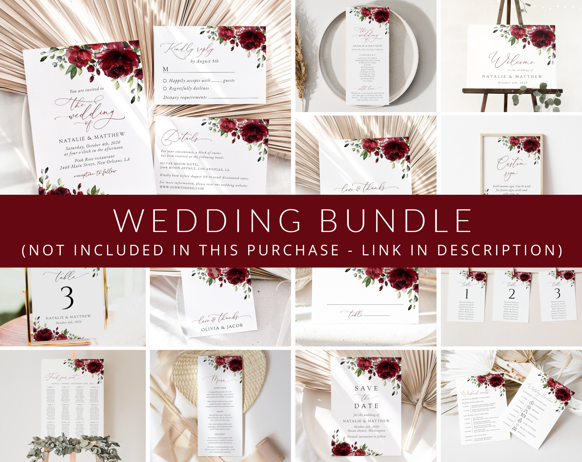 Burgundy Flowers Wedding Bundle, Printable File, Edit Yourself, SH02 Burgundy Flowers Wedding Bundle, Printable File, Edit Yourself, SH02