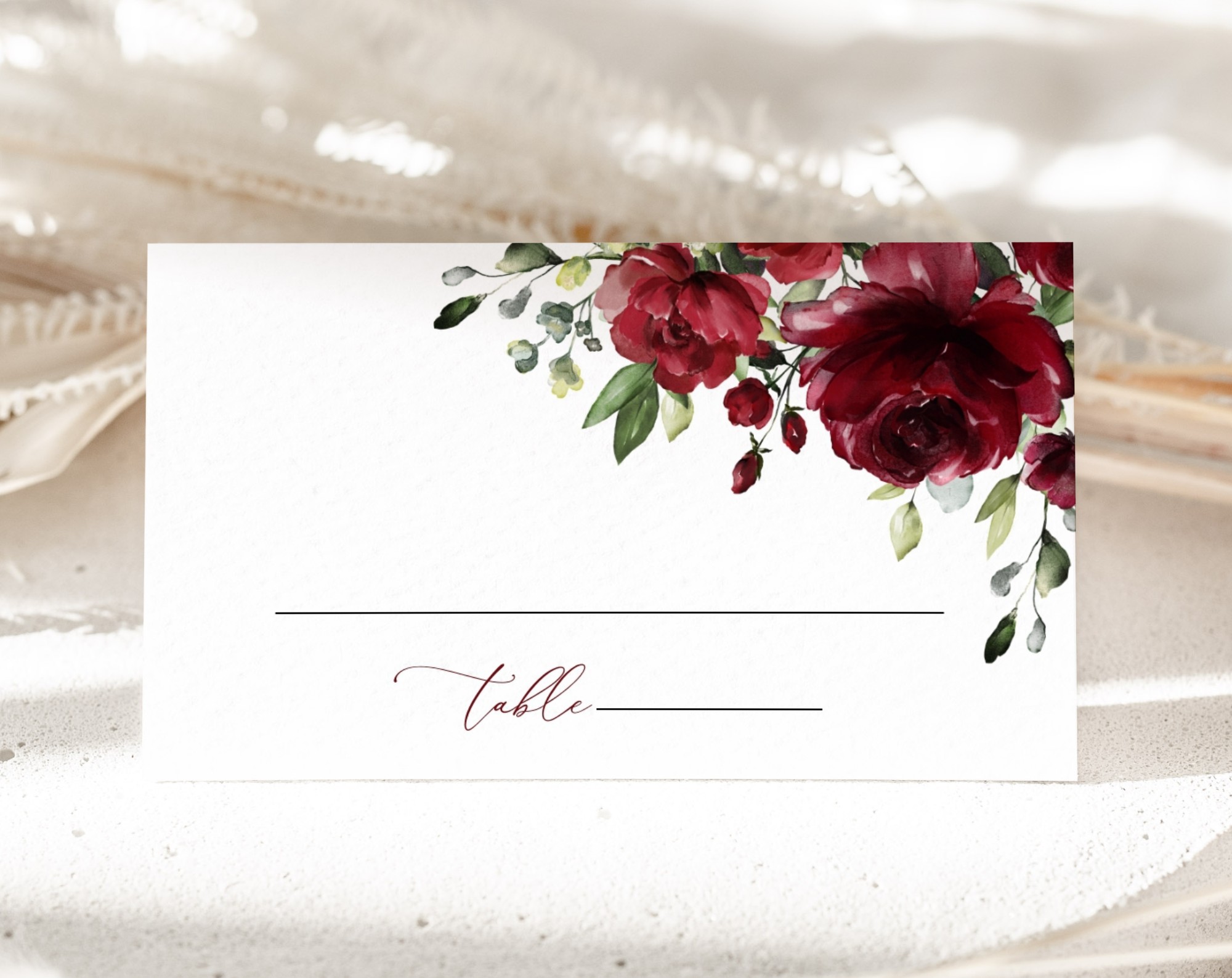 Burgundy Flowers Place Card, Wedding Stationery, Printable File, Edit Yourself, SH02