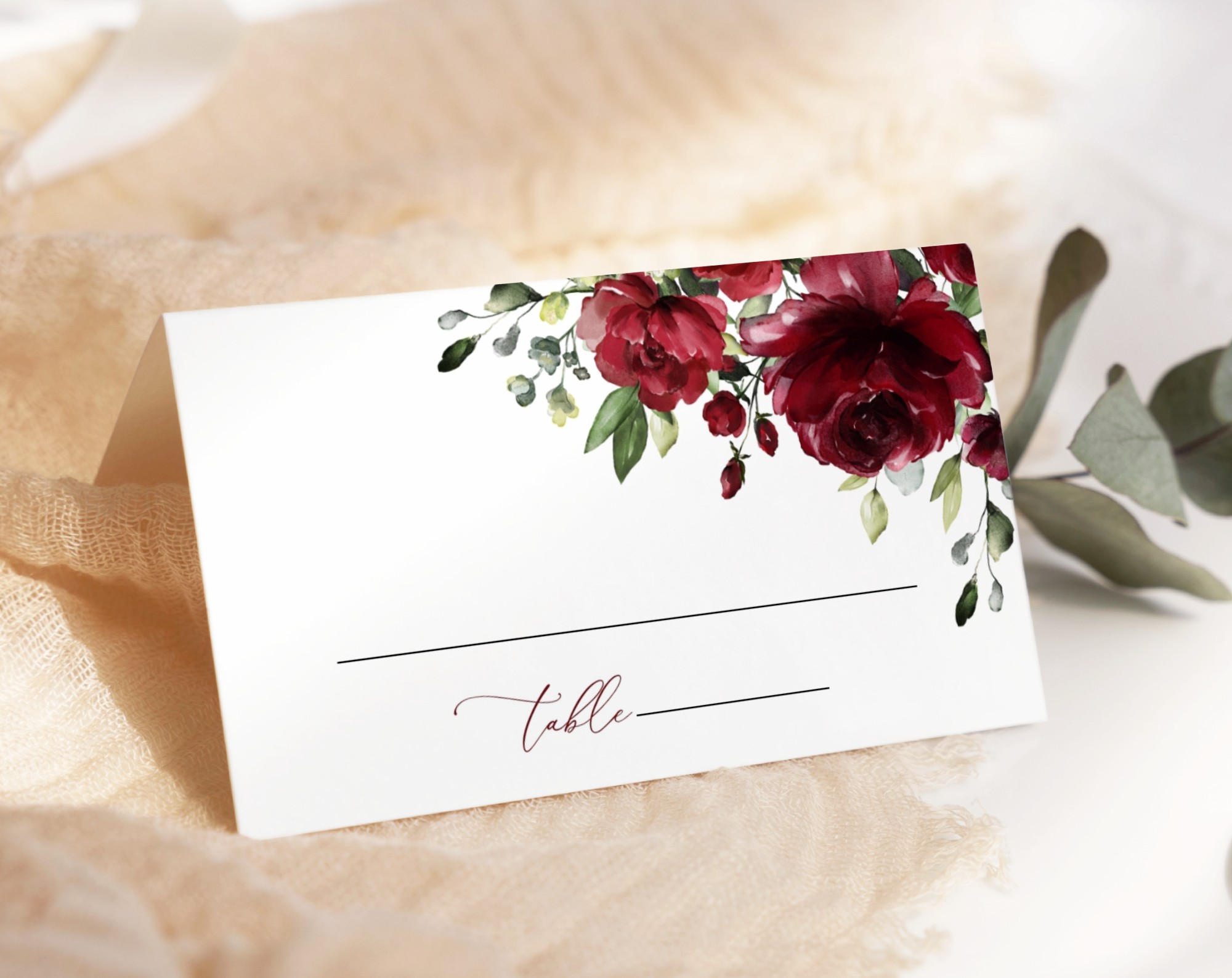 Burgundy Flowers Place Card, Wedding Stationery, Printable File, Edit Yourself, SH02 Burgundy Flowers Place Card, Wedding Stationery, Printable File, Edit Yourself, SH02