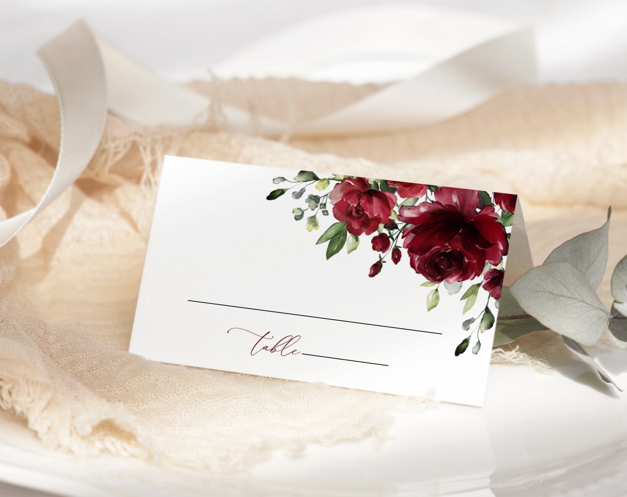 Burgundy Flowers Place Card, Wedding Stationery, Printable File, Edit Yourself, SH02