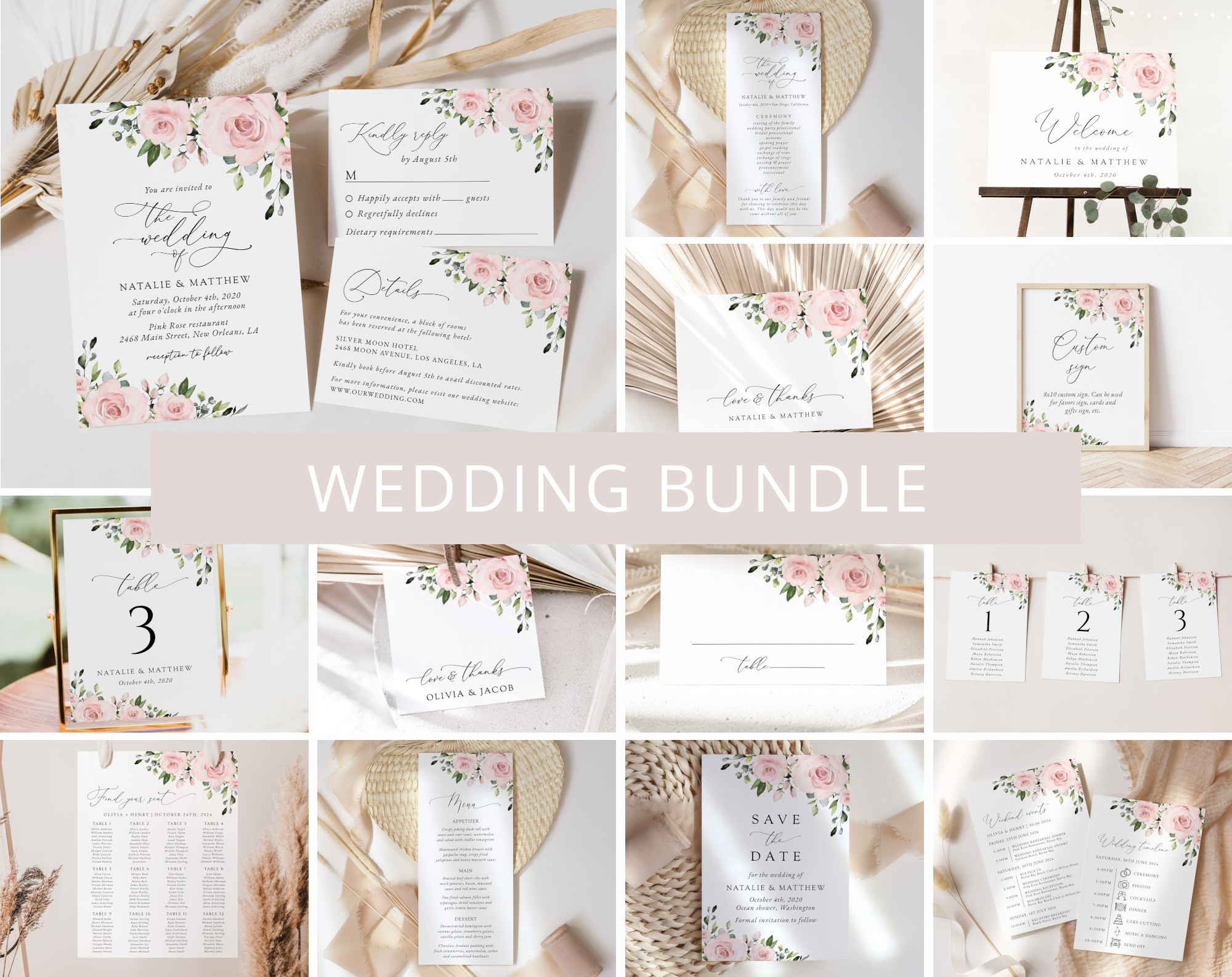 Blush Flowers Wedding Bundle, Printable File, Edit Yourself, SH03 Blush Flowers Wedding Bundle, Printable File, Edit Yourself, SH03