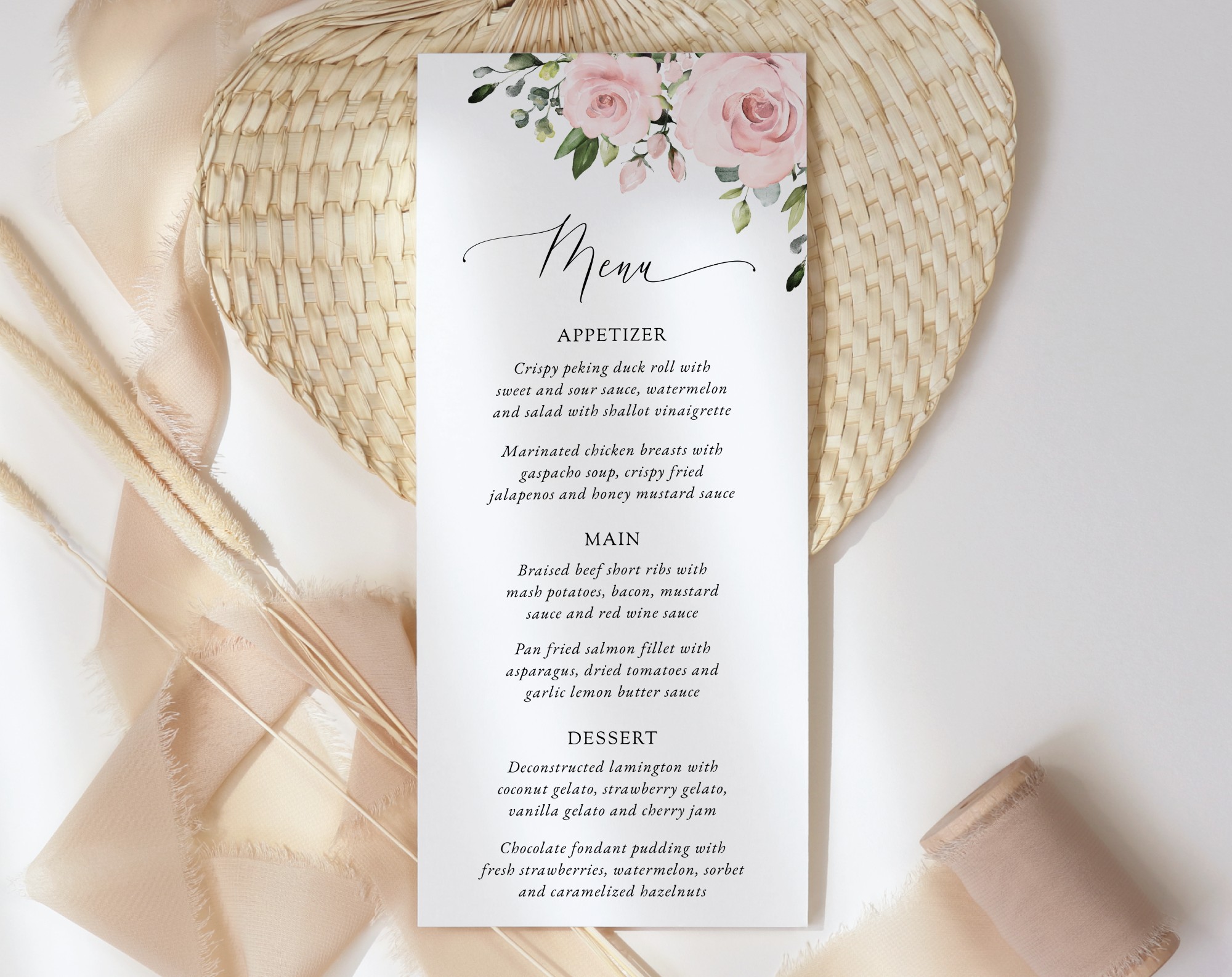 Blush Flowers Wedding Menu, Wedding Stationery, Printable File, Edit Yourself, SH03