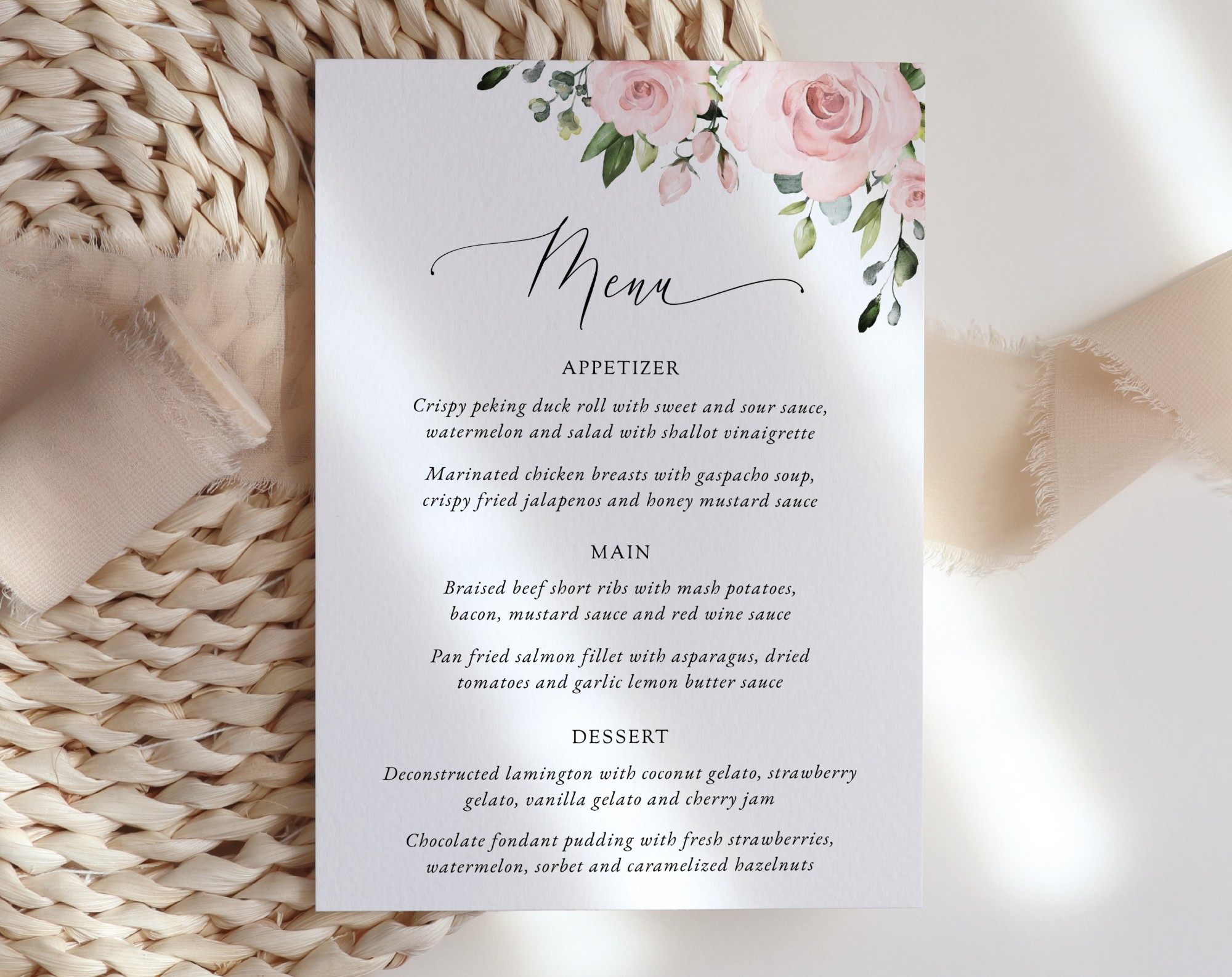 Blush Flowers Wedding Menu, Wedding Stationery, Printable File, Edit Yourself, SH03