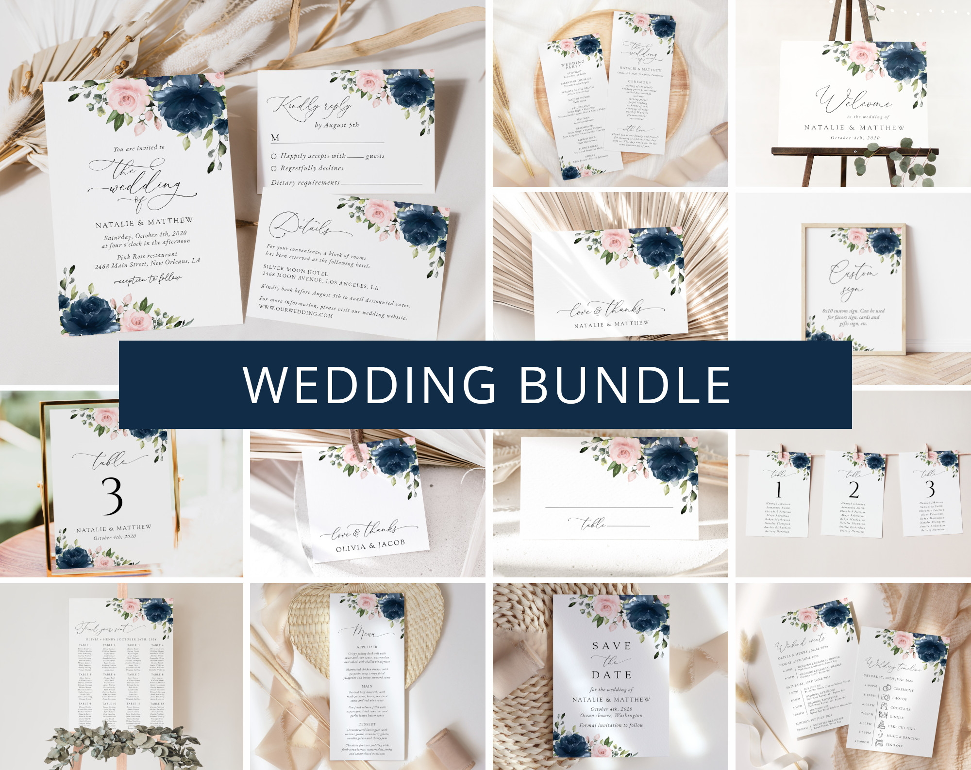 Navy and Blush Flowers Wedding Bundle, Printable File, Edit Yourself, SH04 Navy and Blush Flowers Wedding Bundle, Printable File, Edit Yourself, SH04