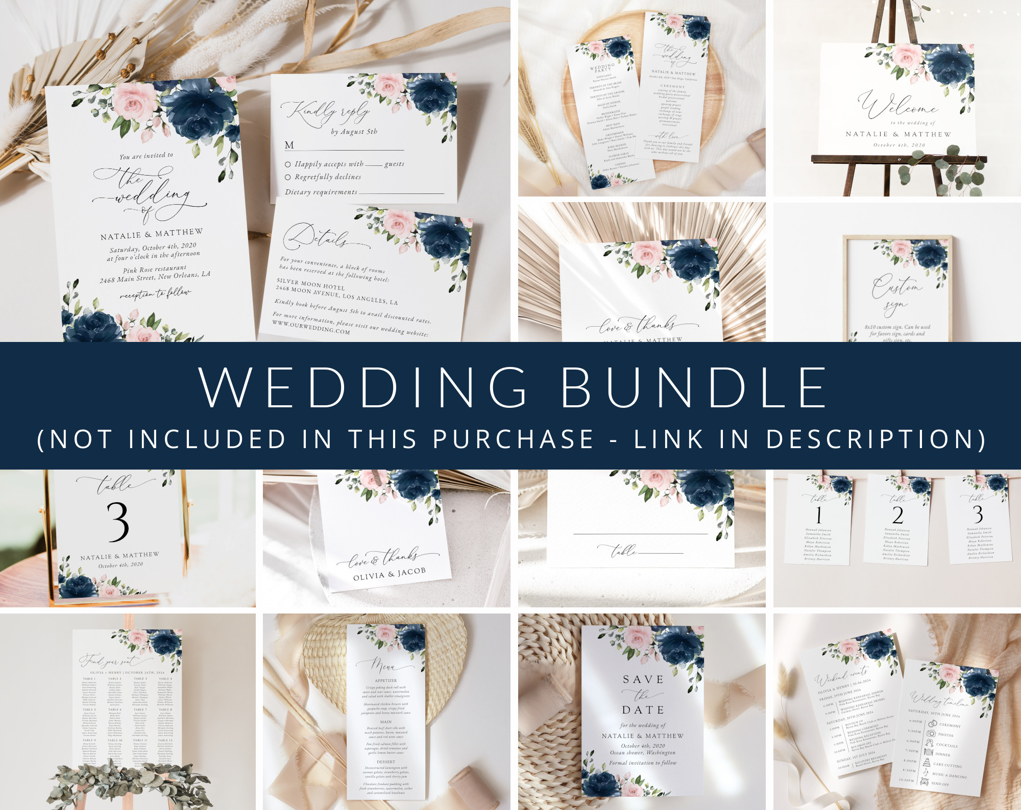 Navy and Blush Flowers Wedding Bundle, Printable File, Edit Yourself, SH04 Navy and Blush Flowers Wedding Bundle, Printable File, Edit Yourself, SH04