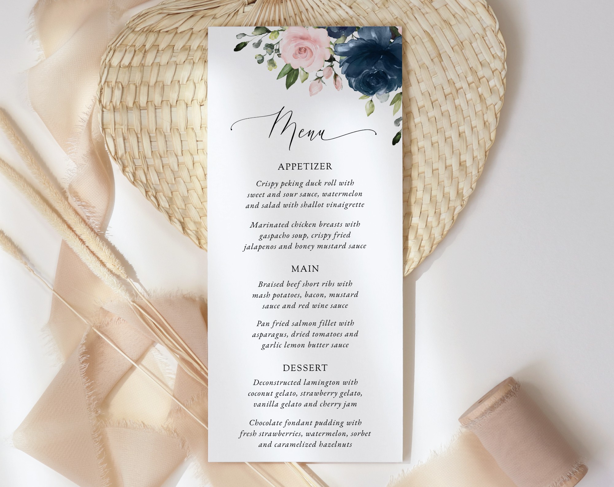 Navy and Blush Flowers Wedding Menu, Wedding Stationery, Printable File, Edit Yourself, SH04