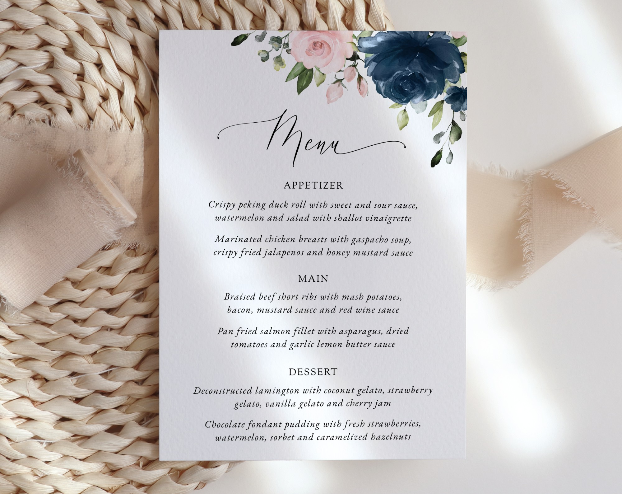 Navy and Blush Flowers Wedding Menu, Wedding Stationery, Printable File, Edit Yourself, SH04