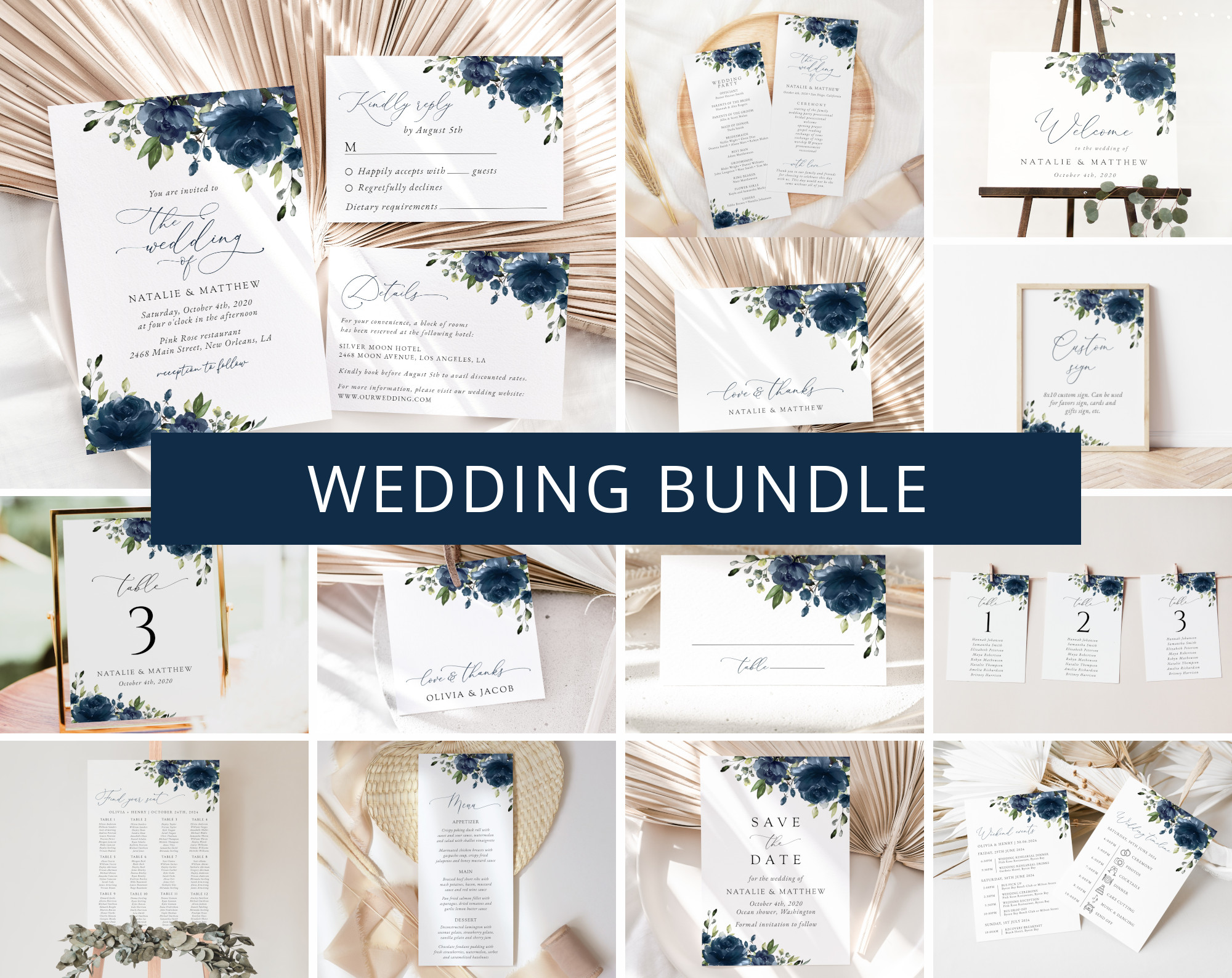 Navy Blue Flowers Wedding Bundle, Printable File, Edit Yourself, SH16 Navy Blue Flowers Wedding Bundle, Printable File, Edit Yourself, SH16