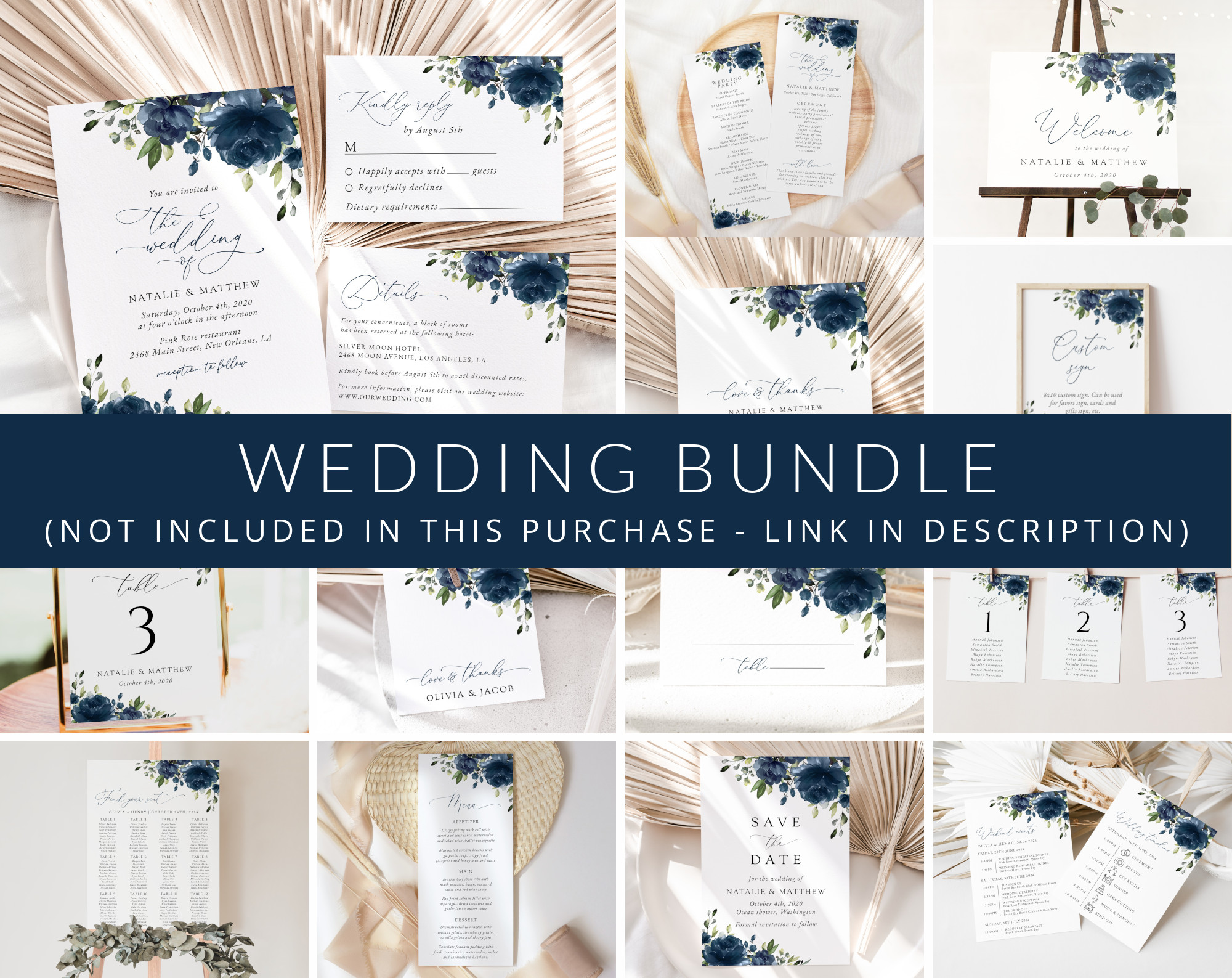 Navy Blue Flowers Wedding Bundle, Printable File, Edit Yourself, SH16 Navy Blue Flowers Wedding Bundle, Printable File, Edit Yourself, SH16