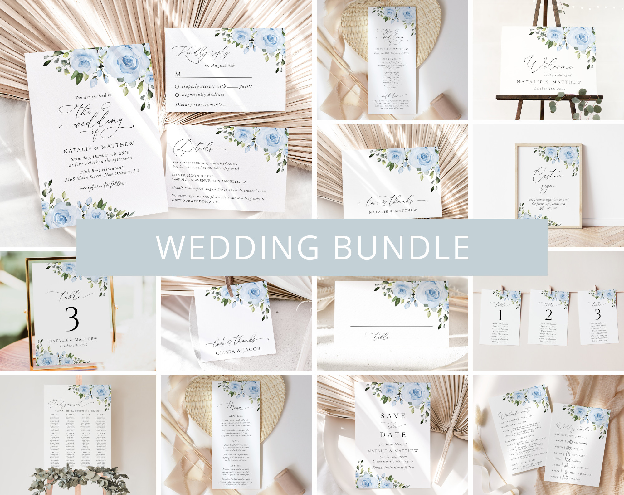 Dusty Blue Flowers Wedding Bundle, Printable File, Edit Yourself, SH24 Dusty Blue Flowers Wedding Bundle, Printable File, Edit Yourself, SH24