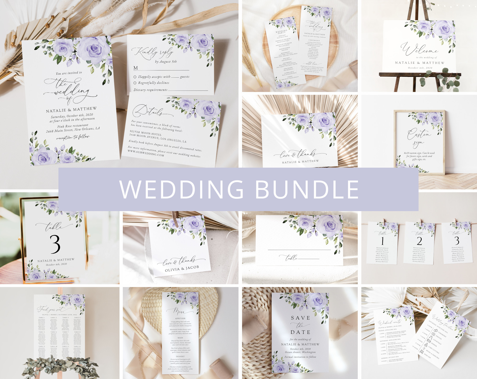 Purple Flowers Wedding Bundle, Printable File, Edit Yourself, SH29 Purple Flowers Wedding Bundle, Printable File, Edit Yourself, SH29