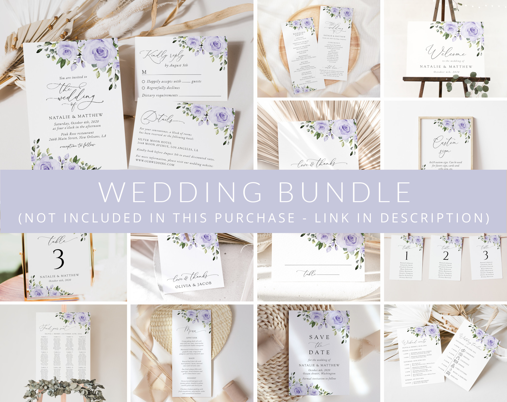 Purple Flowers Wedding Bundle, Printable File, Edit Yourself, SH29 Purple Flowers Wedding Bundle, Printable File, Edit Yourself, SH29