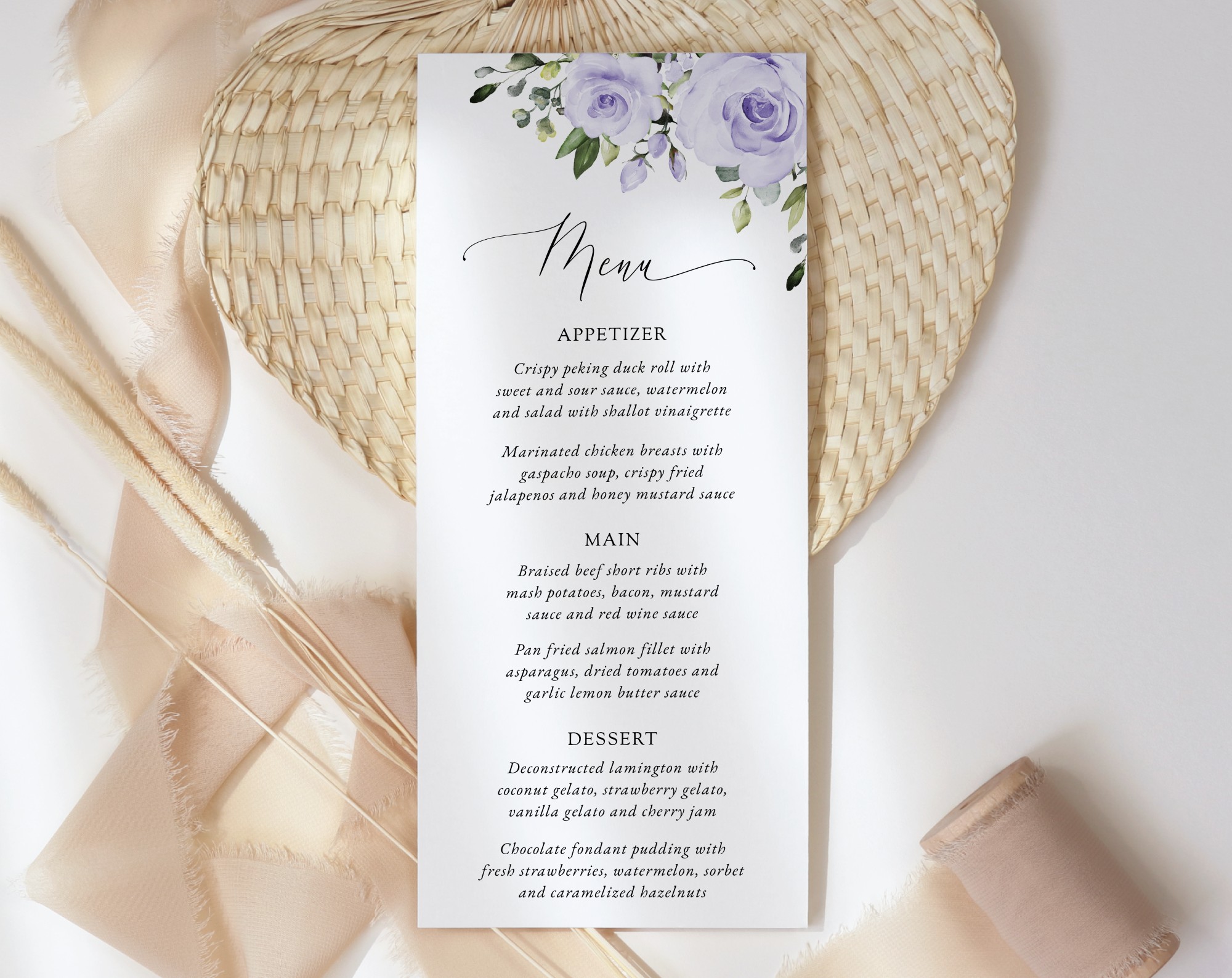 Purple Flowers Wedding Menu, Wedding Stationery, Printable File, Edit Yourself, SH29