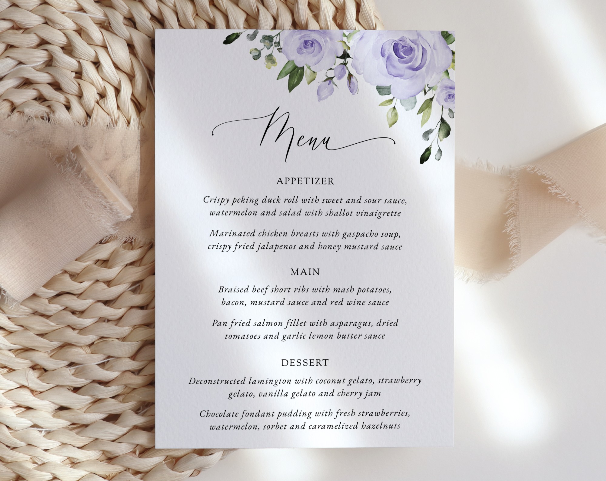 Purple Flowers Wedding Menu, Wedding Stationery, Printable File, Edit Yourself, SH29
