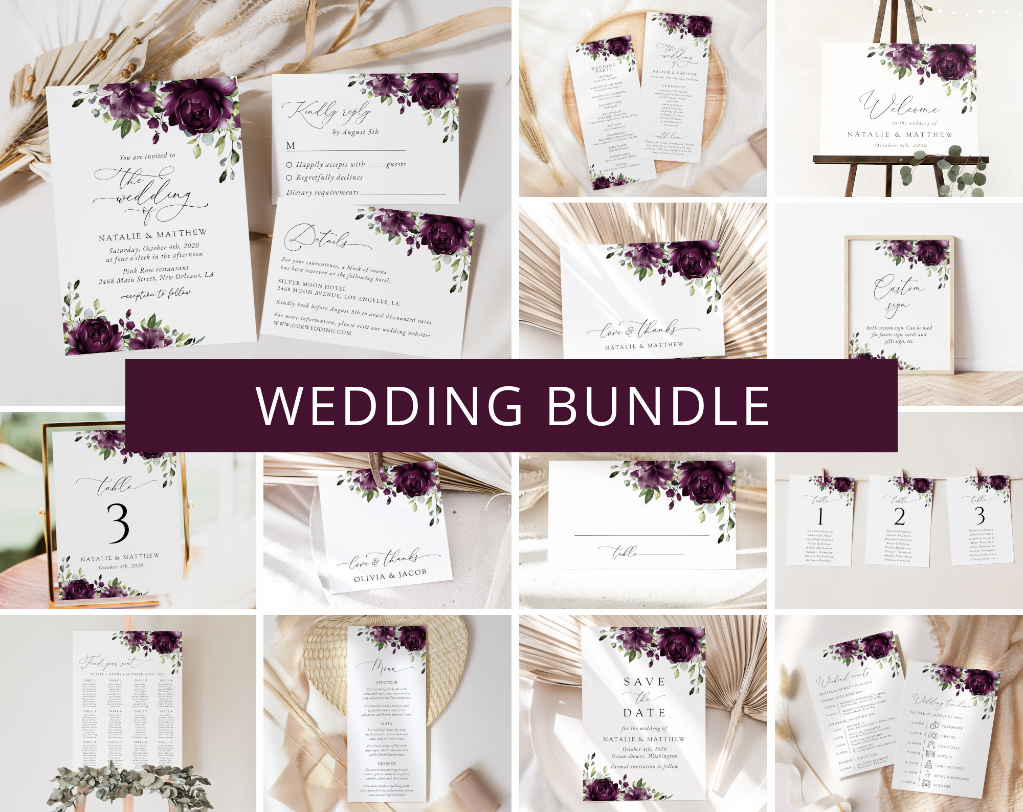 Plum Purple Flowers Wedding Bundle, Printable File, Edit Yourself, SH31 Plum Purple Flowers Wedding Bundle, Printable File, Edit Yourself, SH31